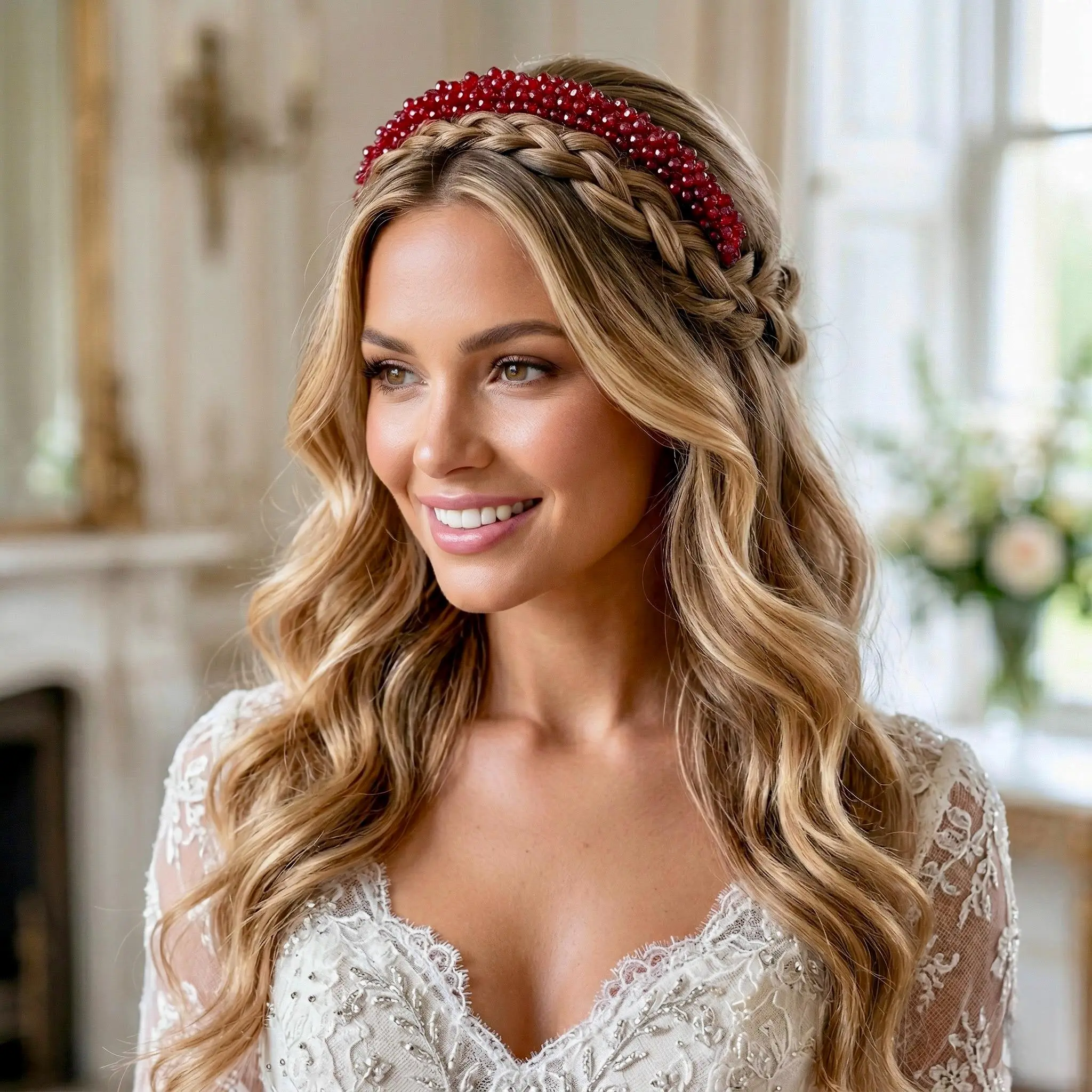 Dunkelrote Kristall Braut Tiara mit feiner Drahtarbeit