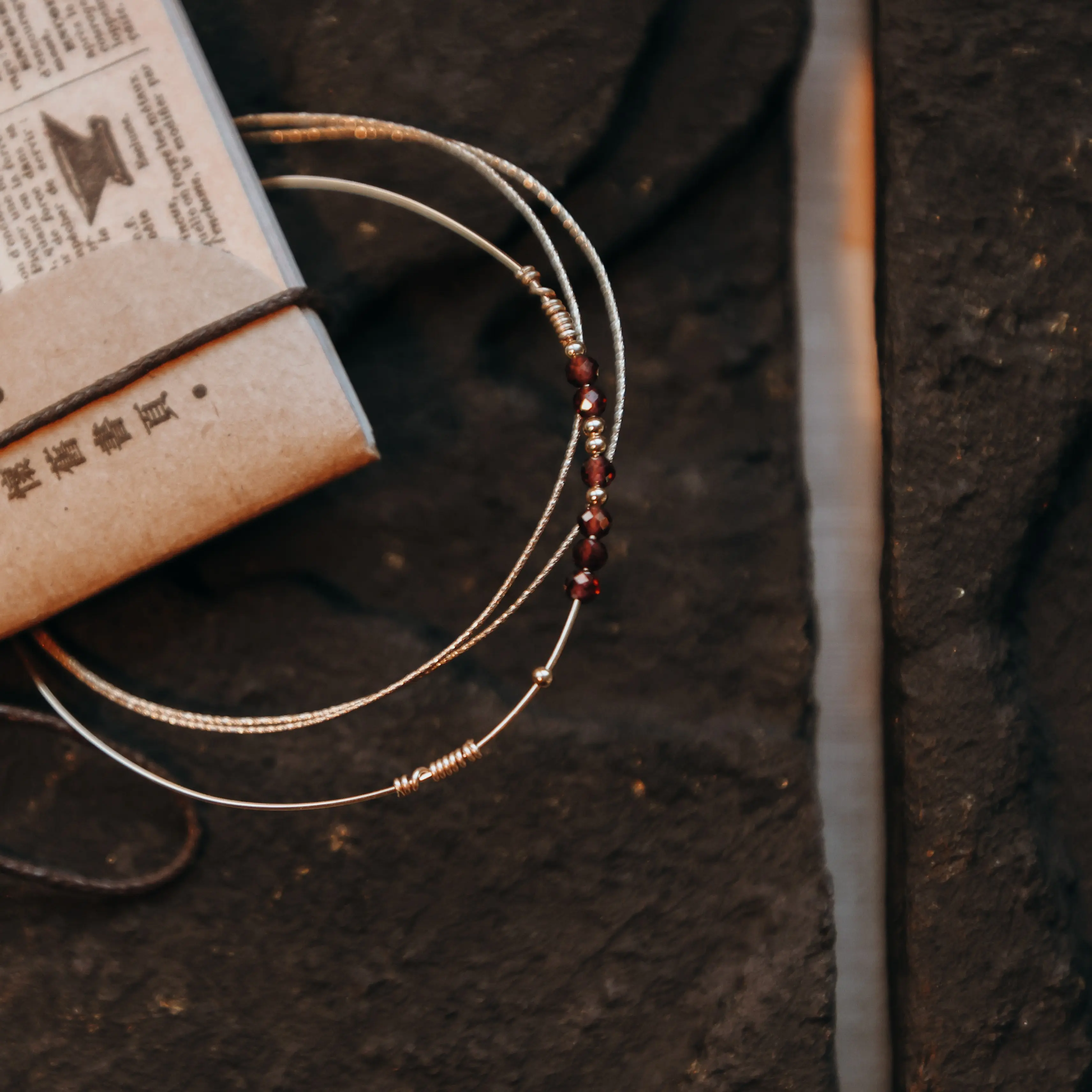 Merry Set - Thin 14k Gold Plated Bands, Garnets
