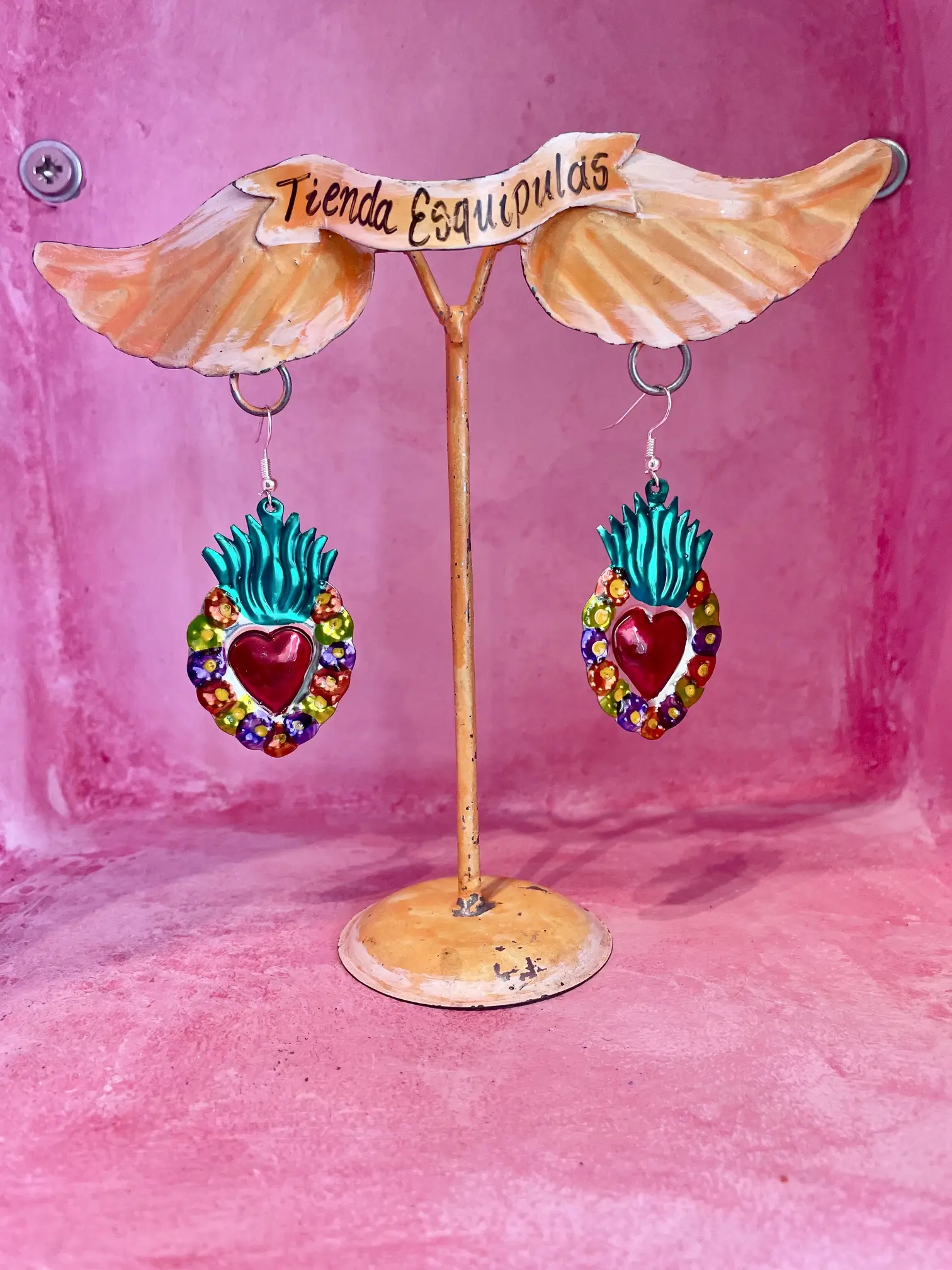 Boucles d'Oreilles Cœur Flamme Colorées – Artisanat Mexicain