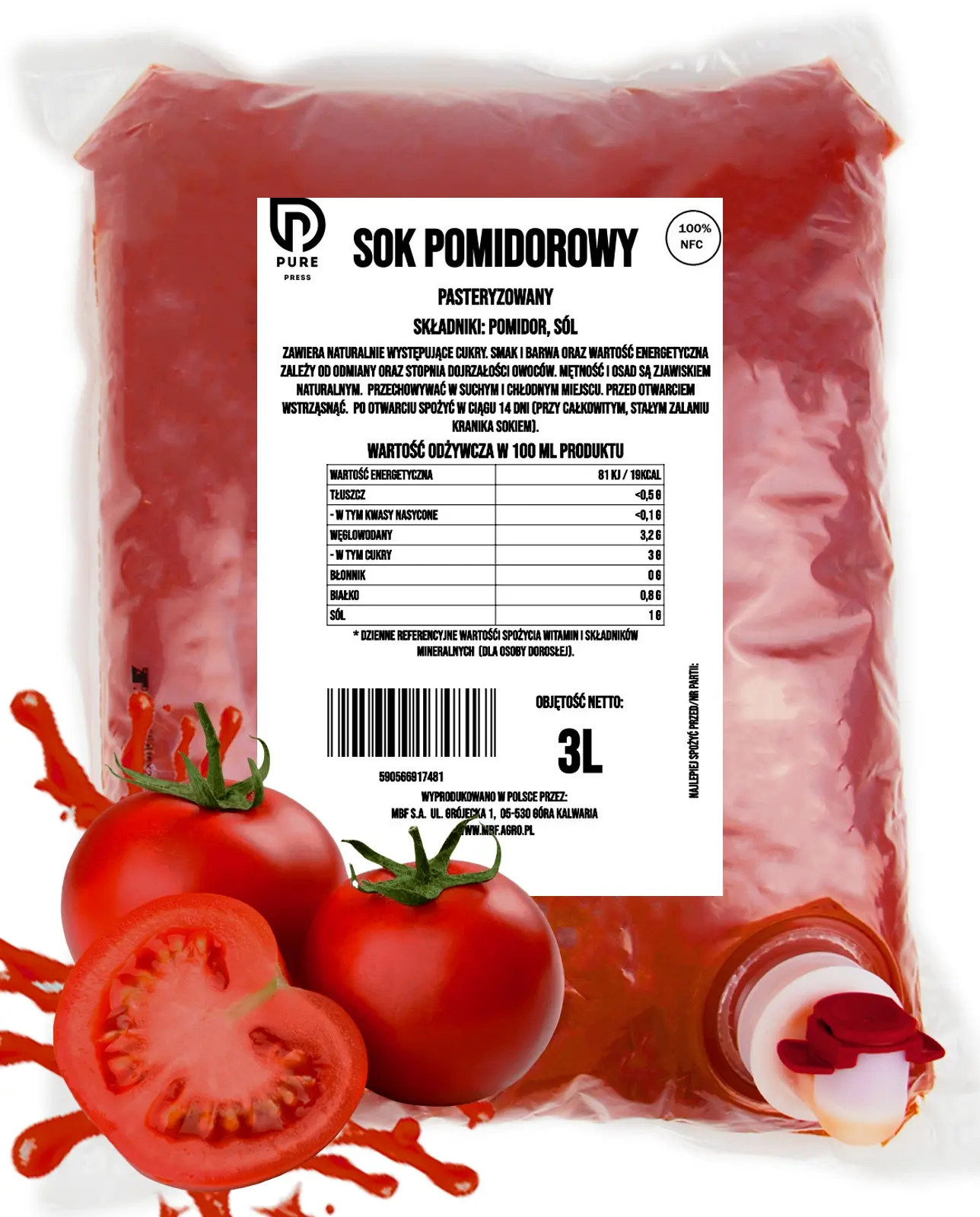Jus de tomate NFC 100 % – Pressé à froid, 3 L