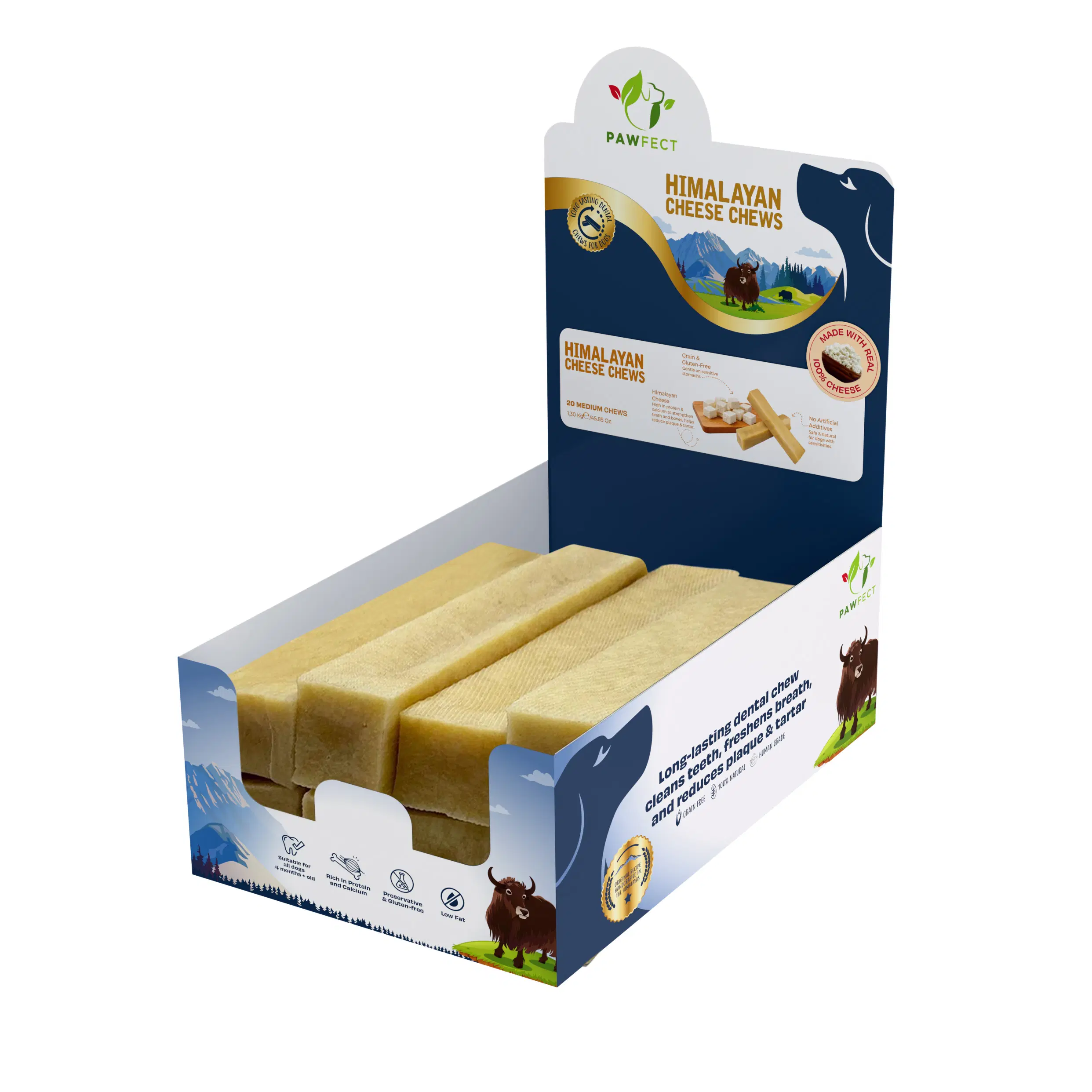 Pawfect Himalayan Yak Cheese Kausnacks für Hunde - Ganz natürlich, langanhaltend - Reich an Protein und Kalzium - Täglicher Zahnpflege-Leckerbissen - Entfernt Plaque und beugt Zahnstein vor - Packung mit 20 Kausnacks für mittelgroße Hunde (1300 g/45).85 oz)