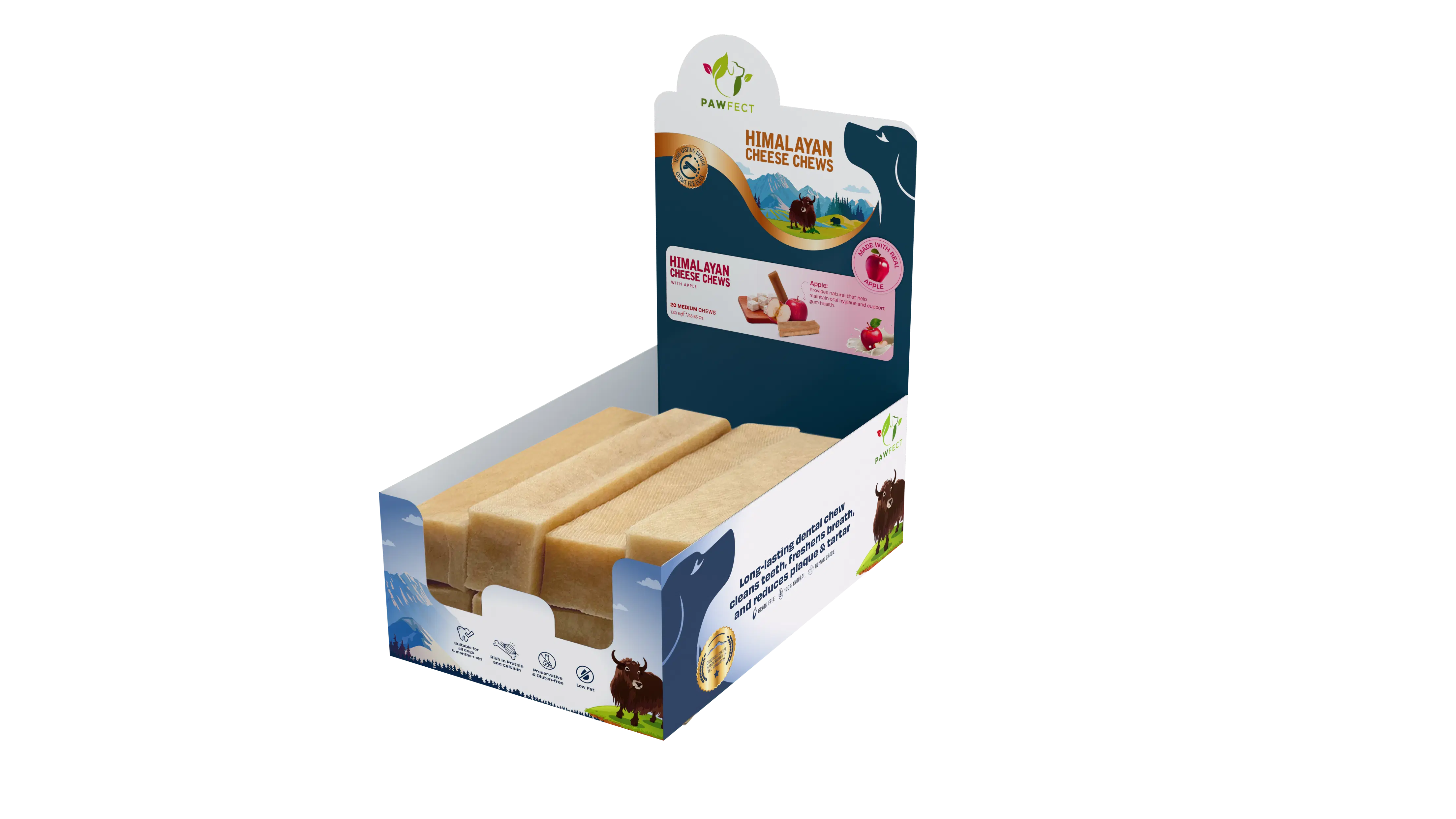 Pawfect Himalayan Yak Hundekauartikel mit echtem Apfel - Ganz natürlich - Plaqueentfernung und Zahnsteinkontrolle - Proteinreiche, getreidefreie Hundeleckerlis - Packung mit 20 Kauartikeln für mittelgroße Hunde (1300 g/45).85 oz)
