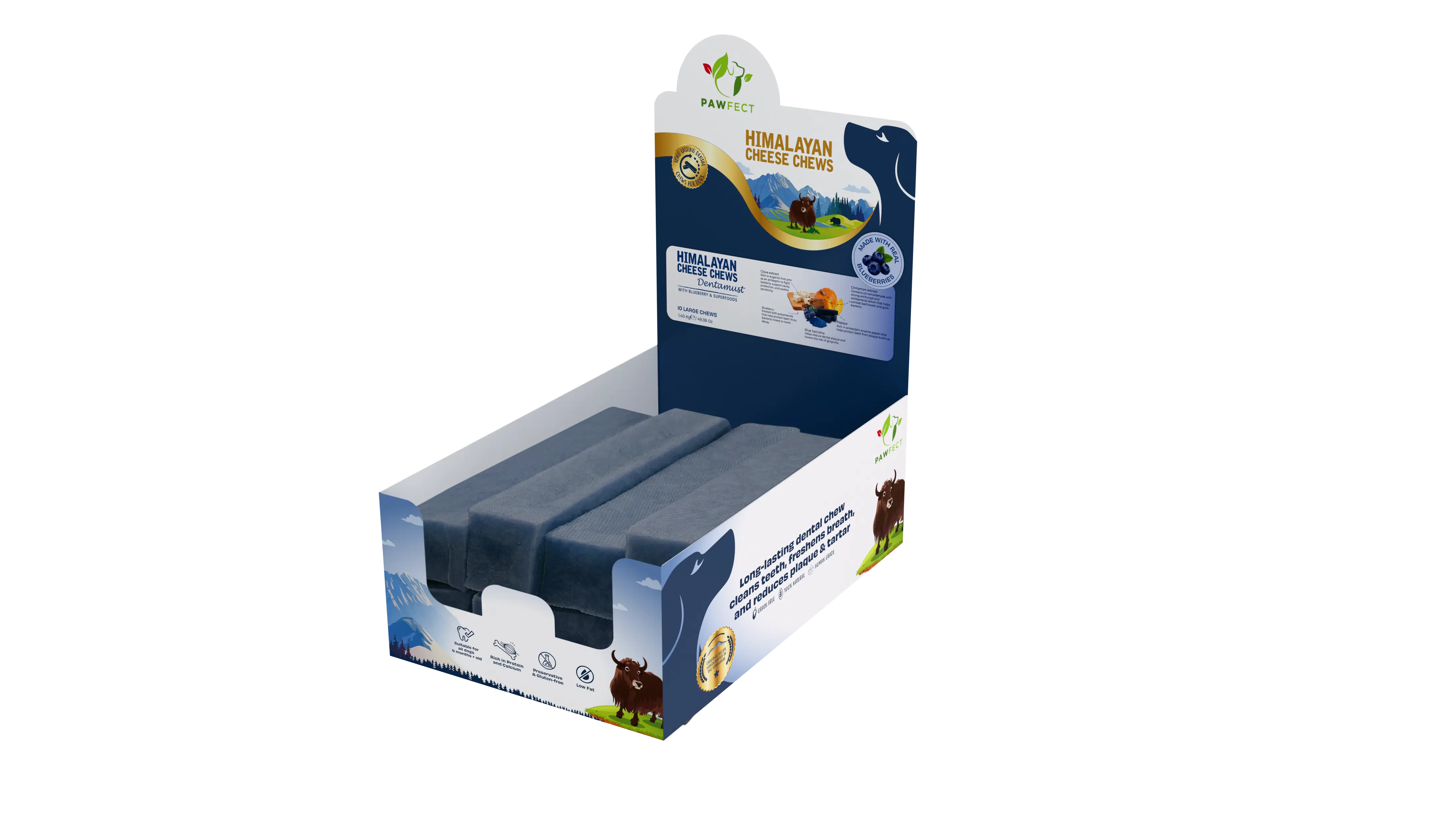 Pawfect Dentamust Himalaya-Yak-Kauartikel mit Blaubeere und Papaya für Hunde - Lang anhaltende Kauartikel mit Superfoods - Multifunktionale Hundeleckerlis - Packung mit 10 Kauartikeln für große Hunde (1400 g/49,5 g).38 oz)