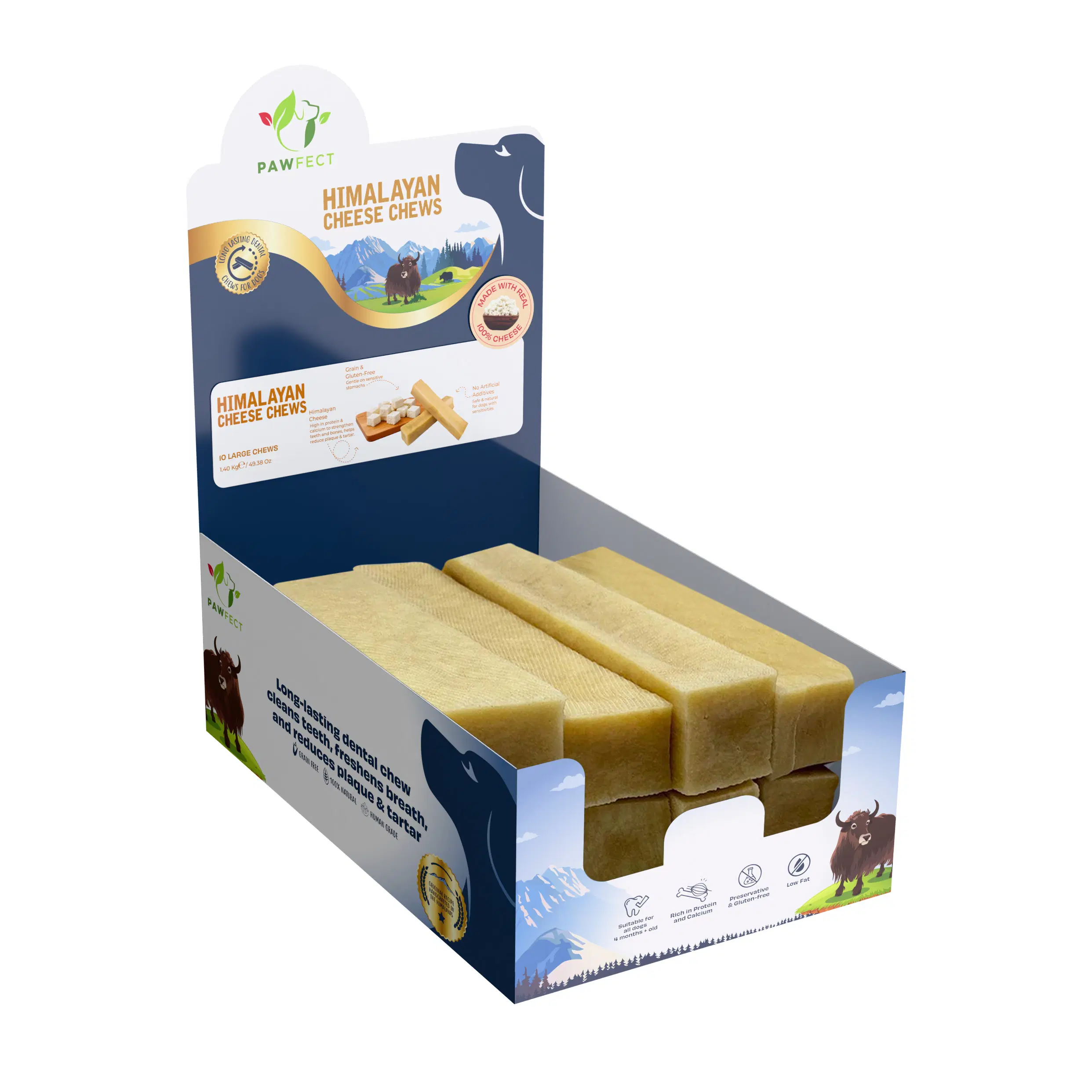 Pawfect Himalaya-Yakkäse-Kauartikel für Hunde - Ganz natürlich, langanhaltend - Reich an Protein und Kalzium - Täglicher Zahnpflege-Leckerbissen - Entfernt Plaque und beugt Zahnstein vor - Packung mit 10 Kauartikeln für große Hunde (1400 g/49,99 l).38 oz)
