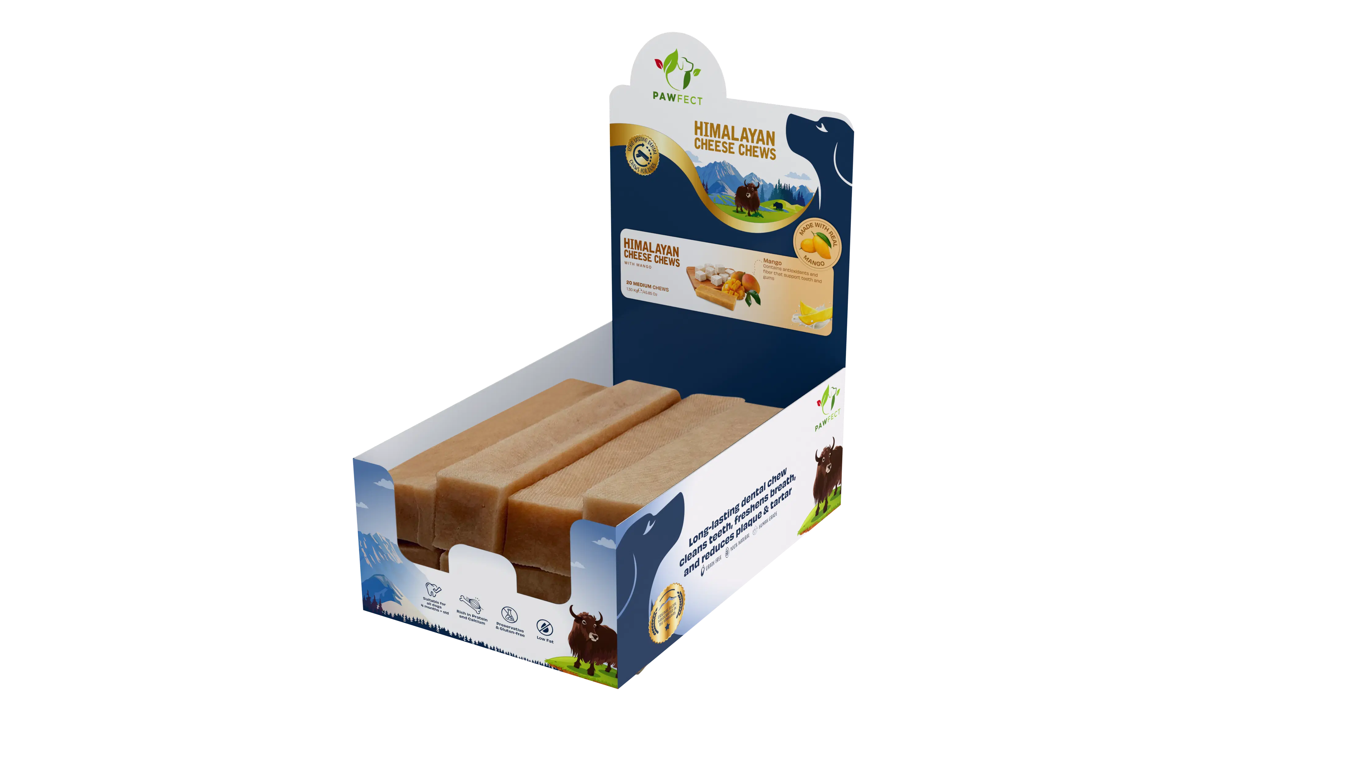 Pawfect Himalayan Yak Hundekauartikel mit echter Mango - Ganz natürlich - Plaqueentfernung und Zahnsteinkontrolle - Proteinreiche, getreidefreie Hundeleckerlis - Packung mit 20 Kauartikeln für mittelgroße Hunde (1300 g/45).85 oz)