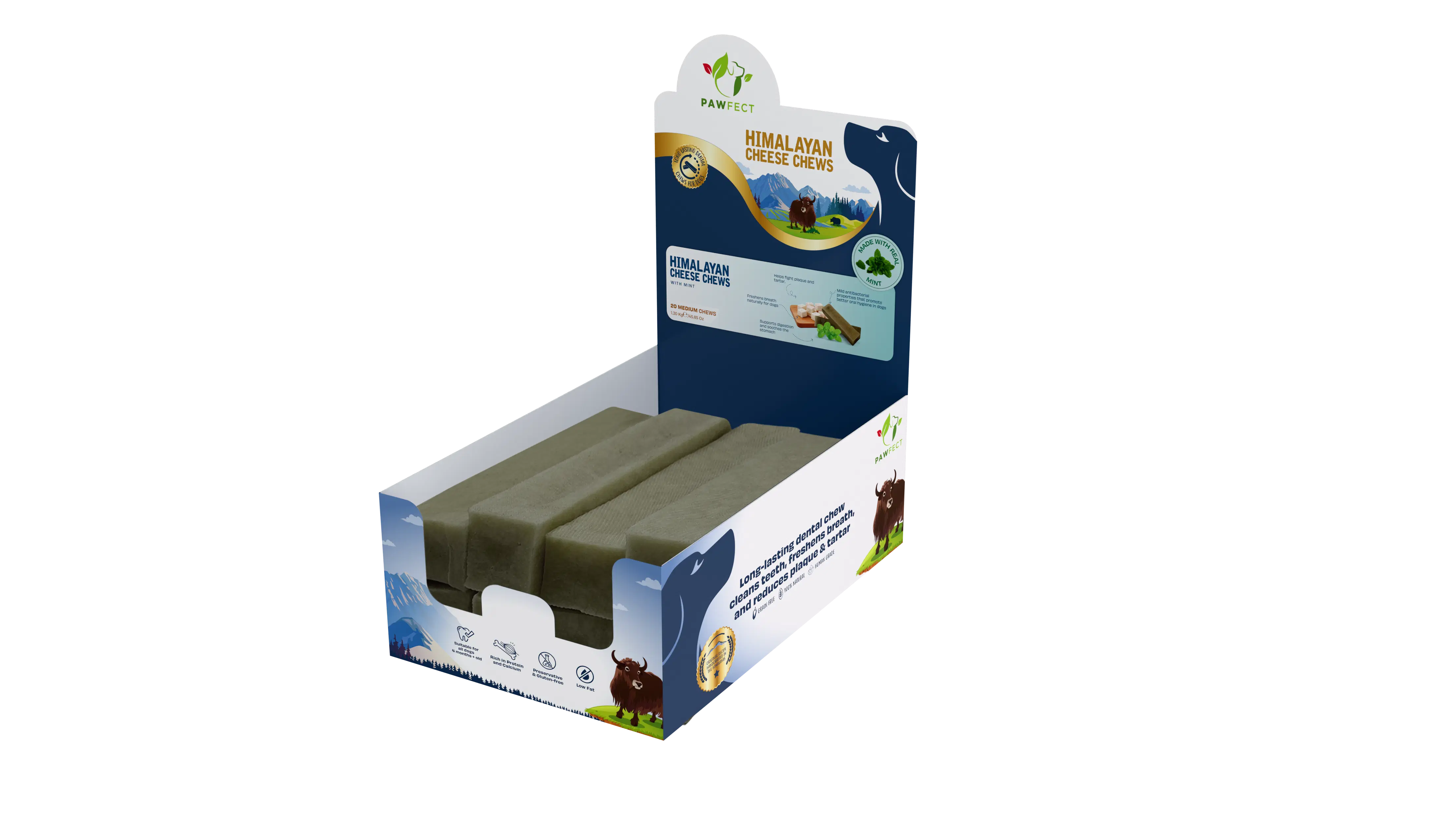 Pawfect Himalayan Yak Kausnacks mit echter Minze - Lang anhaltender Kausnack für Hunde - Plaqueentfernung und Zahnsteinkontrolle - Hoher Proteingehalt, getreidefrei - Natürliche Hundeleckerlis - Packung mit 20 Kausnacks für mittelgroße Hunde (1300 g/45).85 oz)
