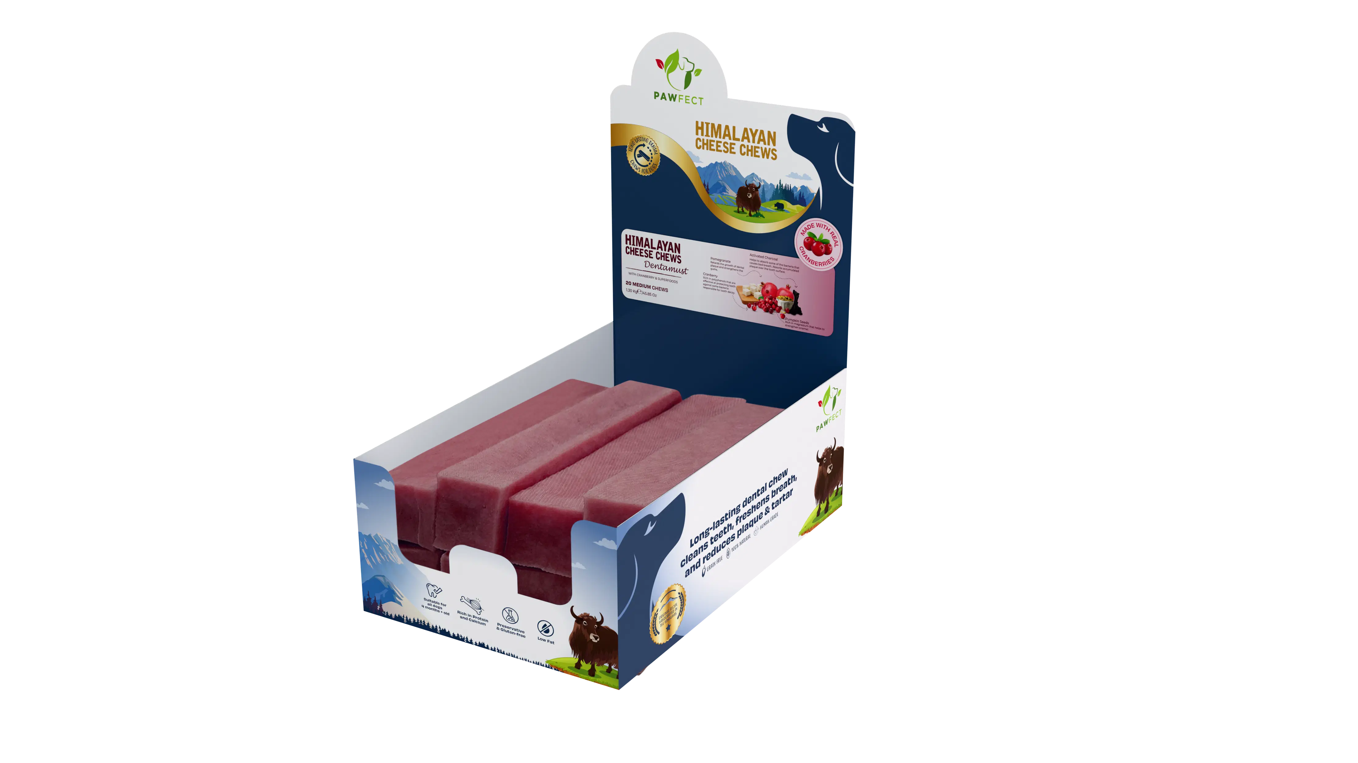 Pawfect Dentamust Himalaya-Yak-Kauartikel für Hunde mit Cranberry & Granatapfel - Langanhaltende Kauartikel mit Superfoods - Proteinreiche Hundeleckerlis - Packung mit 20 Kauartikeln für mittelgroße Hunde (1300 g/45).85 oz)