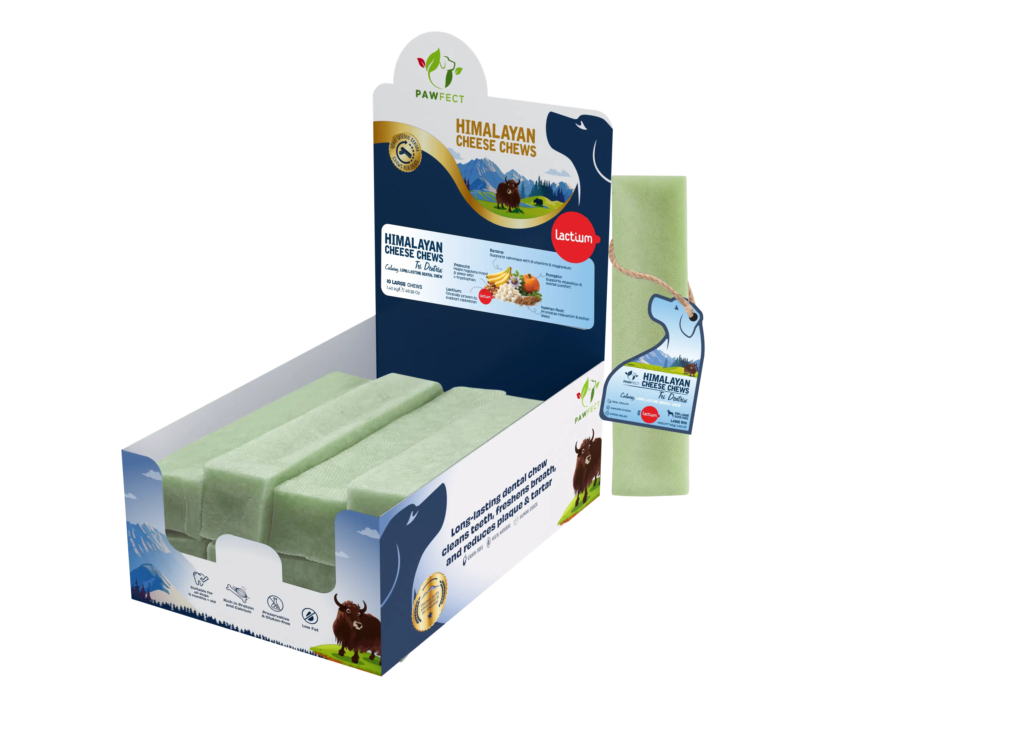 Pawfect Himalaya-Käse-Kauartikel Tri Dentrix mit Lactium, Baldrianwurzel und Passionsblume - Langanhaltende Kauartikel für Hunde - Getreidefrei & Stressabbau - Packung mit 10 Kauartikeln für große Hunde (1400 g/49).38 oz)