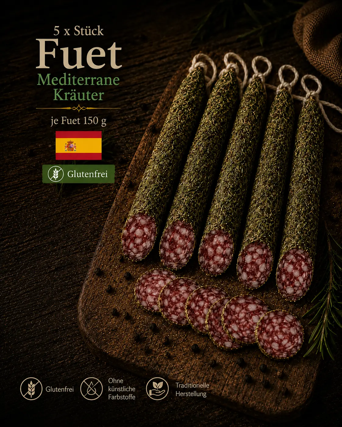 Saucisse aux herbes méditerranéennes Fuet Extra d'Espagne