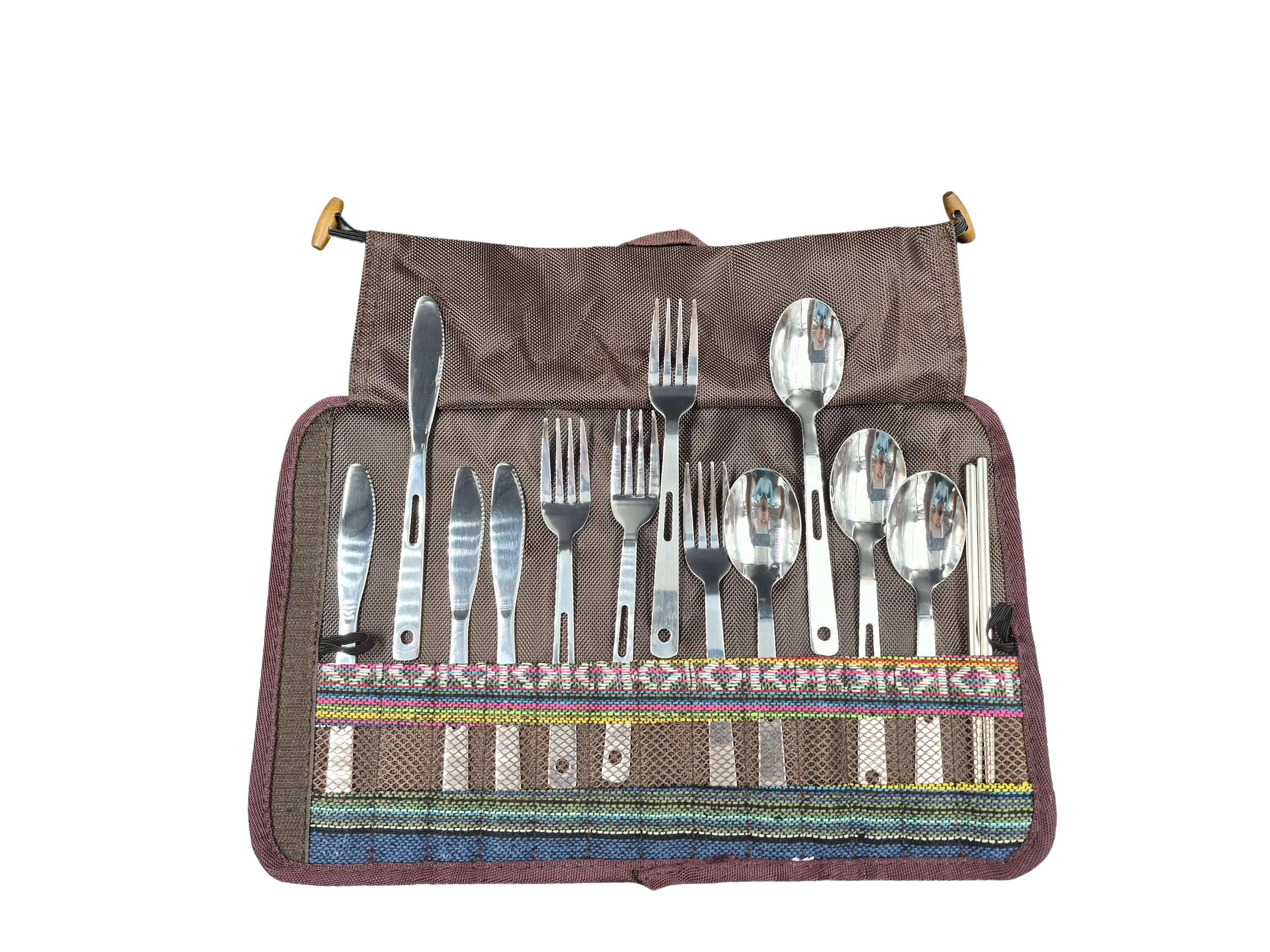 Camping Besteckset, 13 tlg., Edelstahl, inkl. Tasche, bunt