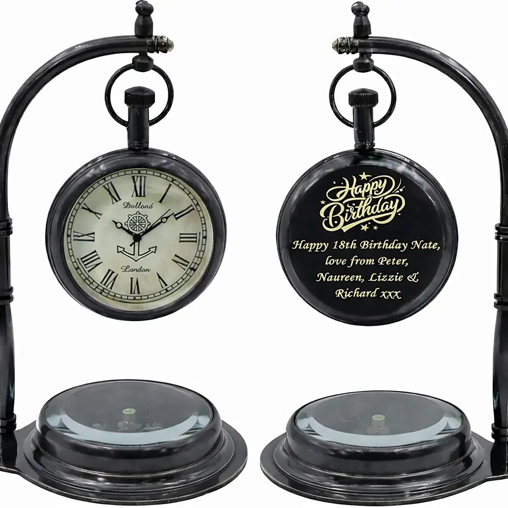 Engraved Vintage Black Desk Clock With Compass Base – Meaningful Father’s Day Gift For Him