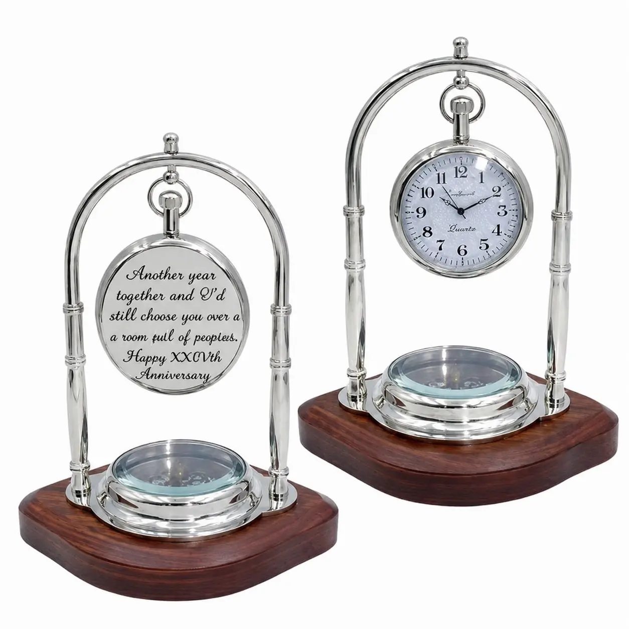 Personalized  Metal Desk Clock With Compass & Wooden Base