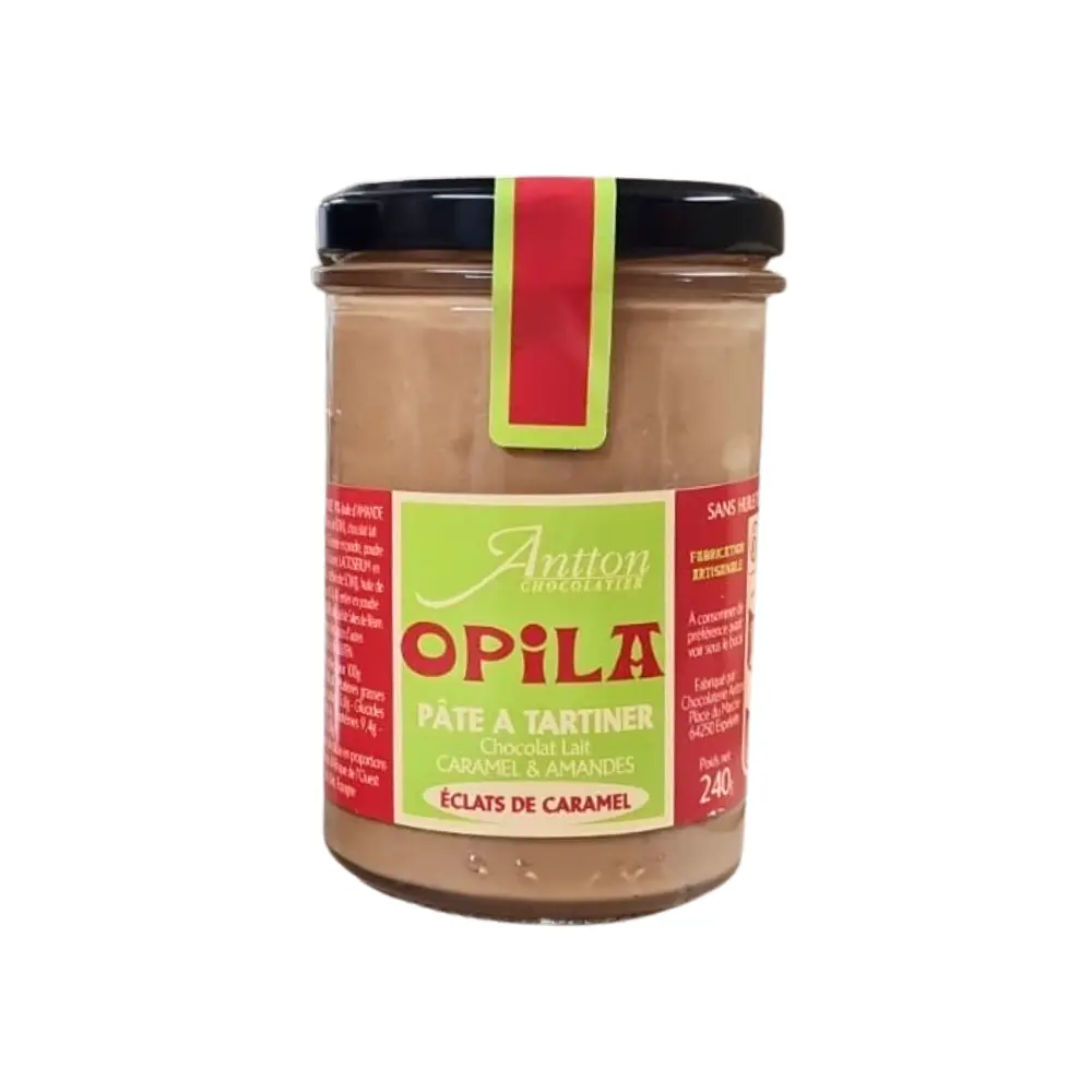 Glass jar of milk chocolate, caramel and almond spread, palm oil free, 240g