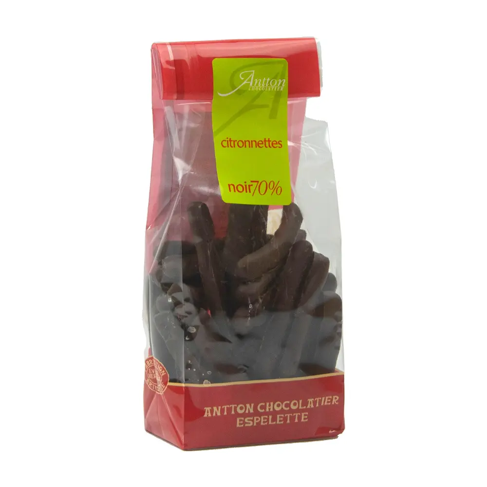 Pouch of lemon drops coated in 70% dark chocolate, 130g