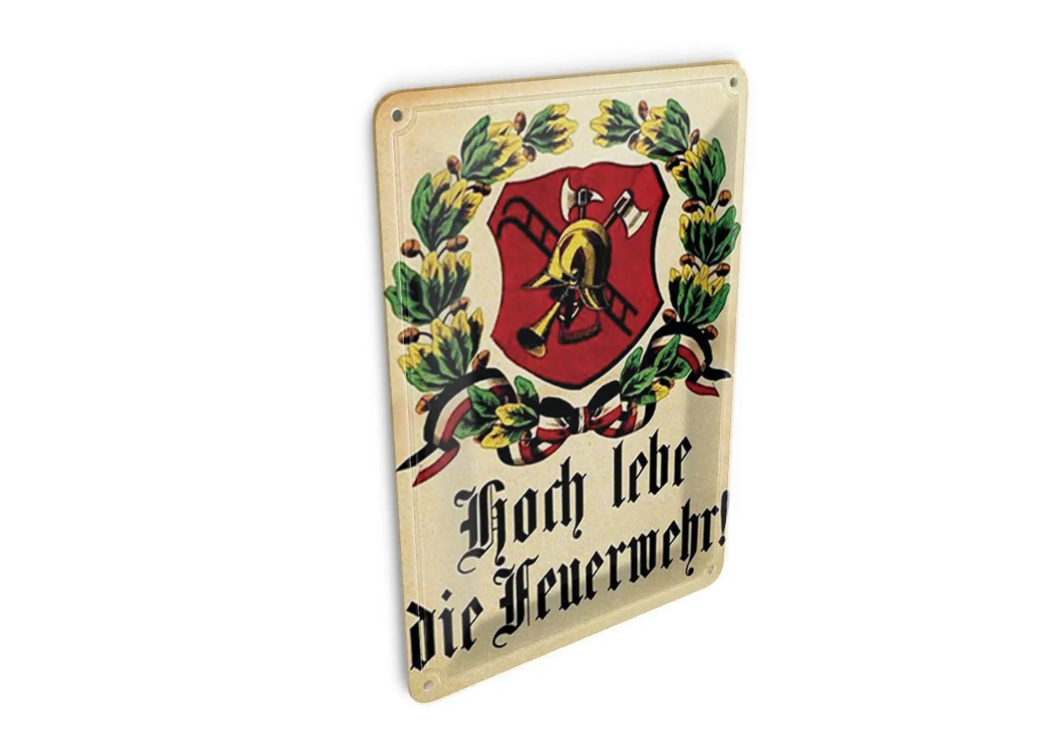 Retro tin postcard, 10x14 cm high, "Long Live the Fire Brigade" decorative sign