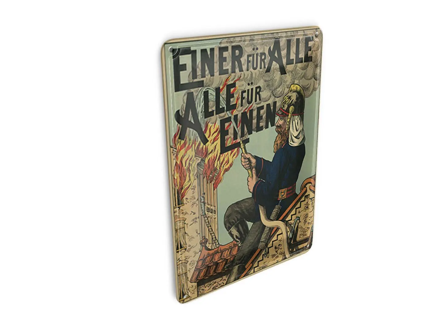Tin postcard with saying, 10x14 cm, one for all.All for a fire department sign