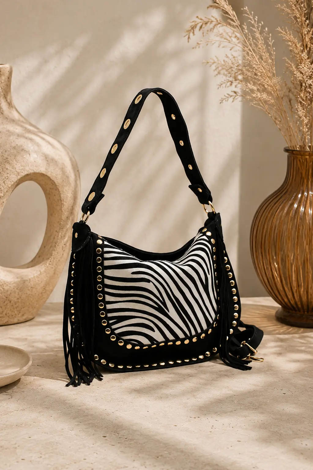 Sac à épaule en cuir véritable à rabat imprimé animal