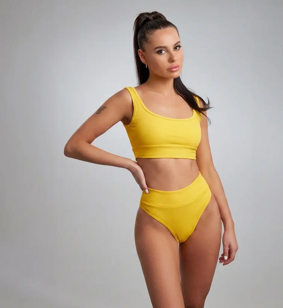 Ensemble de maillot de bain côtelé bicolore avec culotte taille haute