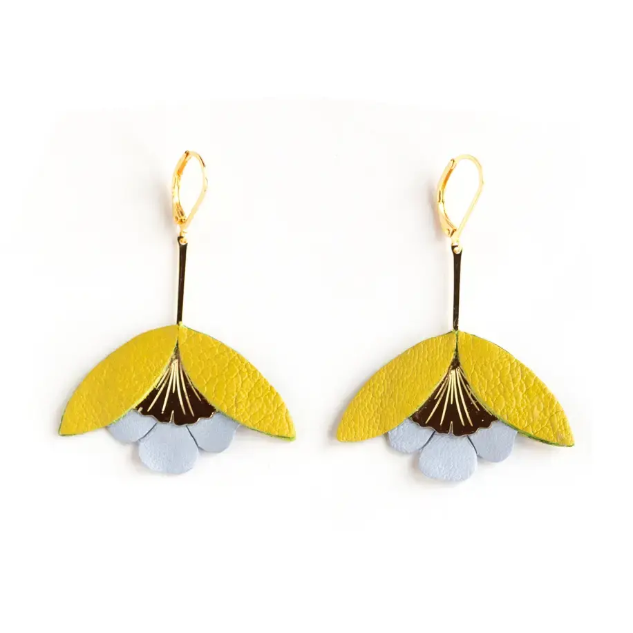 Chartreuse and Blue-Grey Leather Ginkgo Flower Earrings