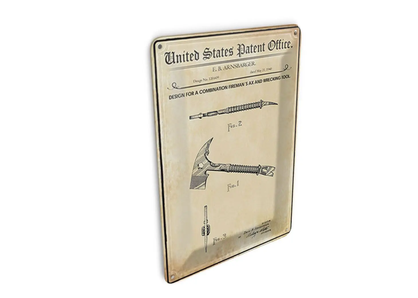 Tin postcard patent 10x14 cm design for a fire brigade axe decorative sign