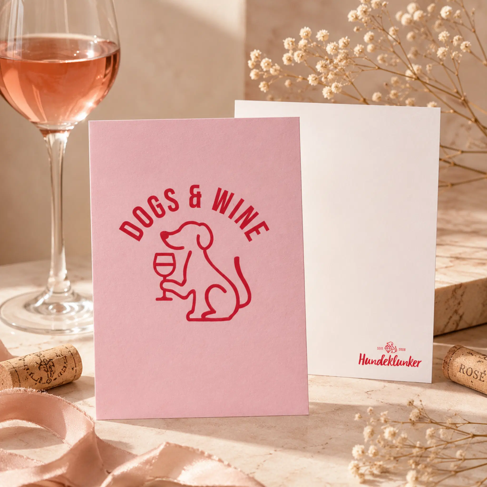 Carte postale Chiens et vin rose