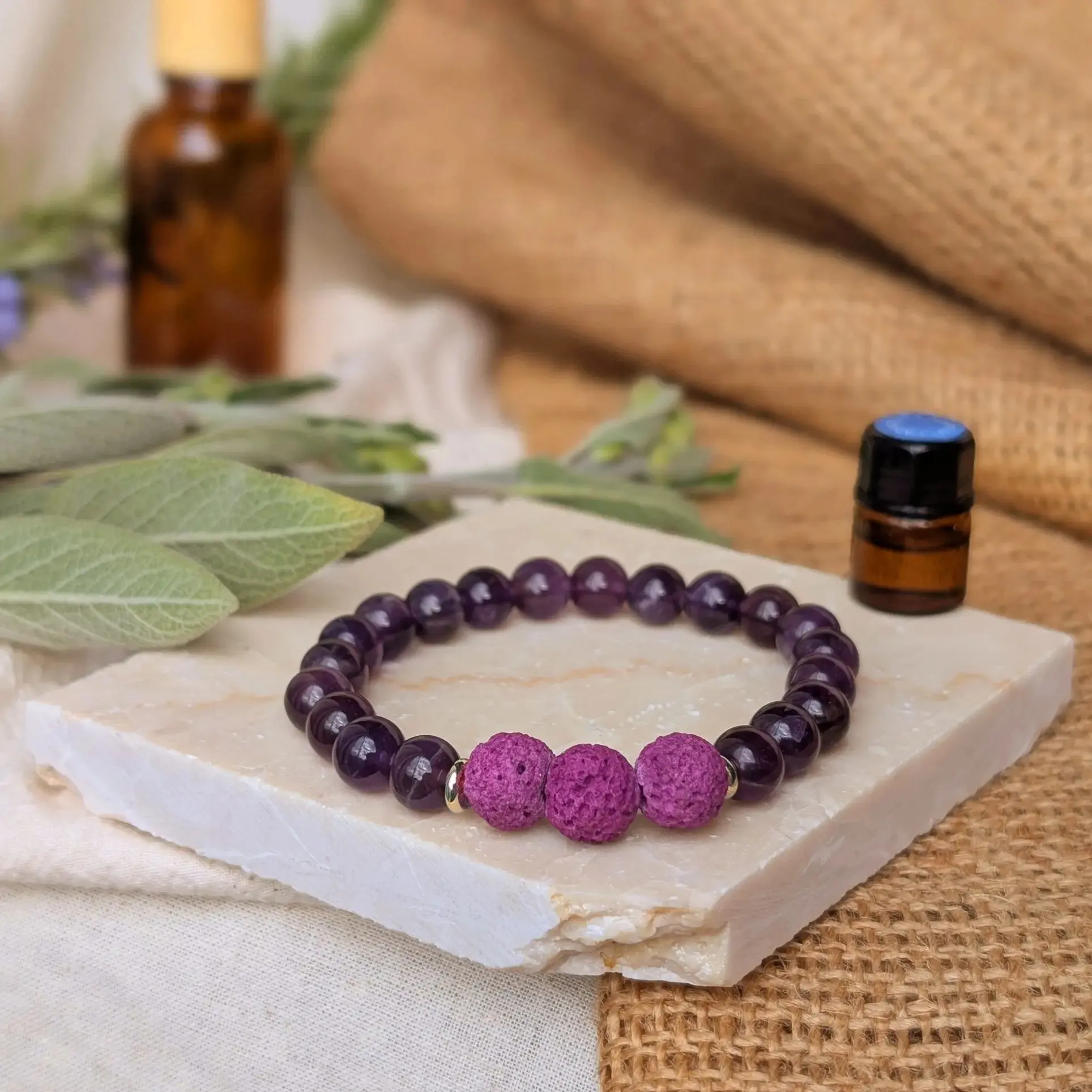 Pulsera difusora de aceites esenciales con cuentas de lava de amatista para aromaterapia