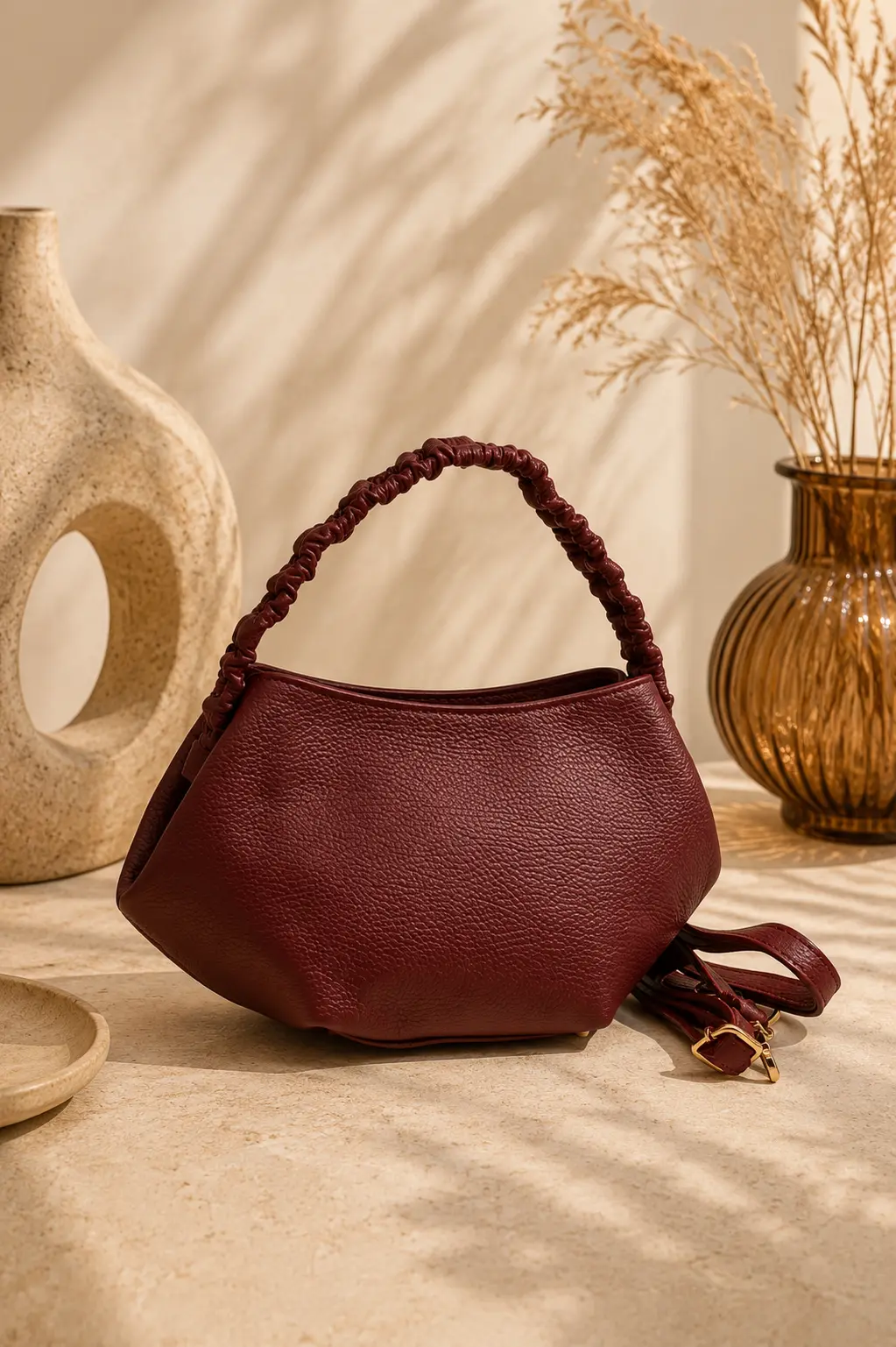 Sac en cuir véritable à poignée froncée