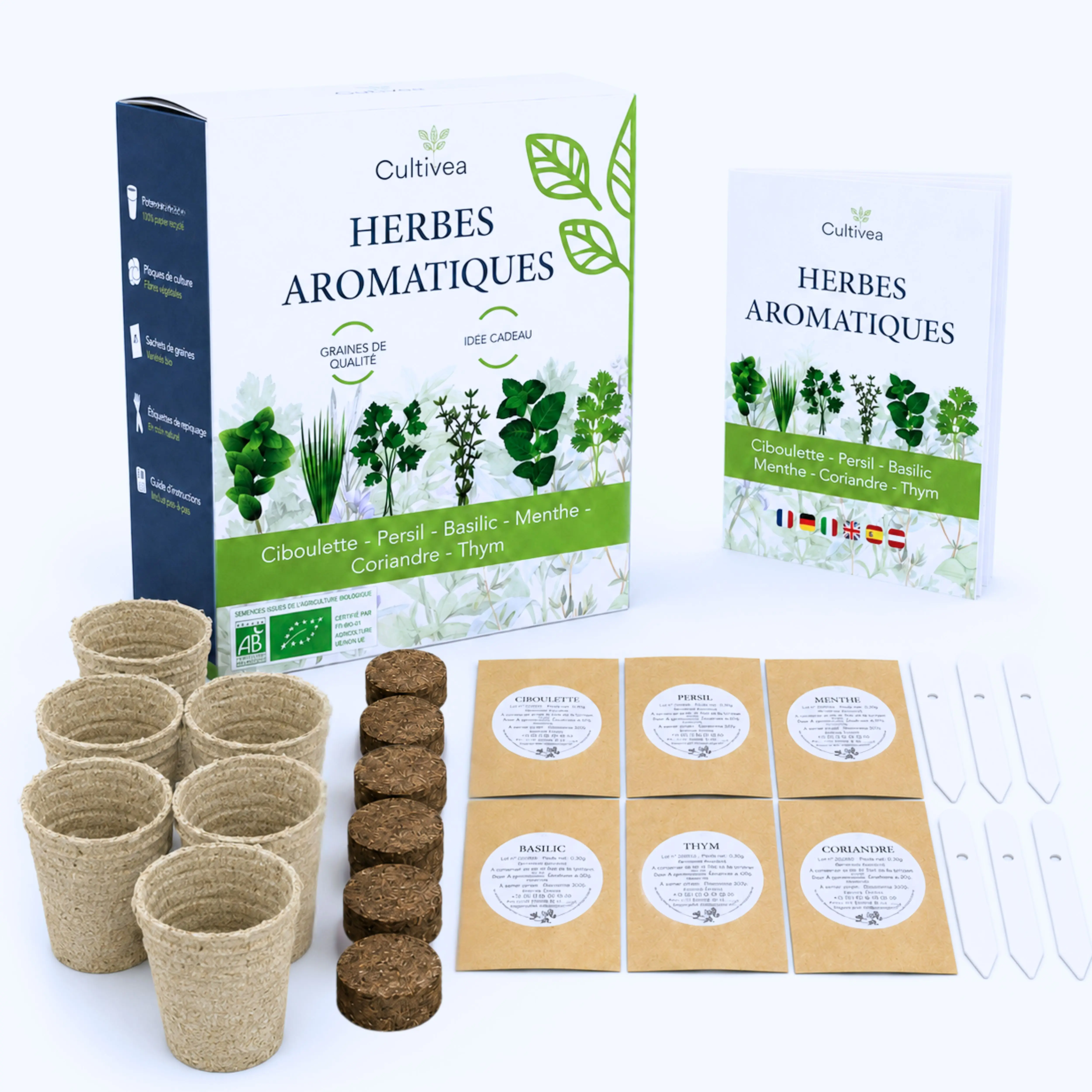 CULTIVEA® Indoor Herb Kit – 6 Aromatic Plants to Grow – Basil, Mint, Parsley, Thyme, Chives and Coriander – Complete Mini Indoor Garden – Gift Idea