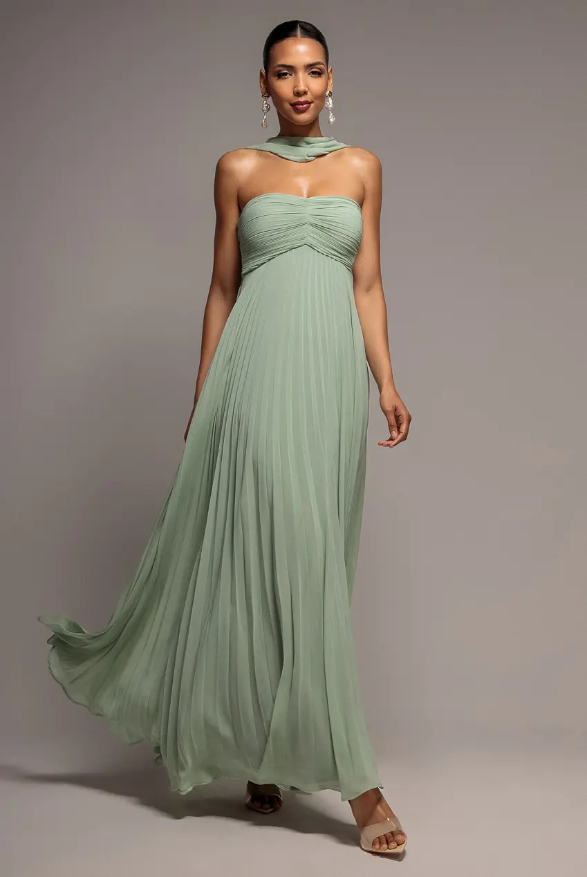 Ärmelloses, plissiertes Chiffon-Maxikleid mit Schal, vielseitig tragbar, DR4829