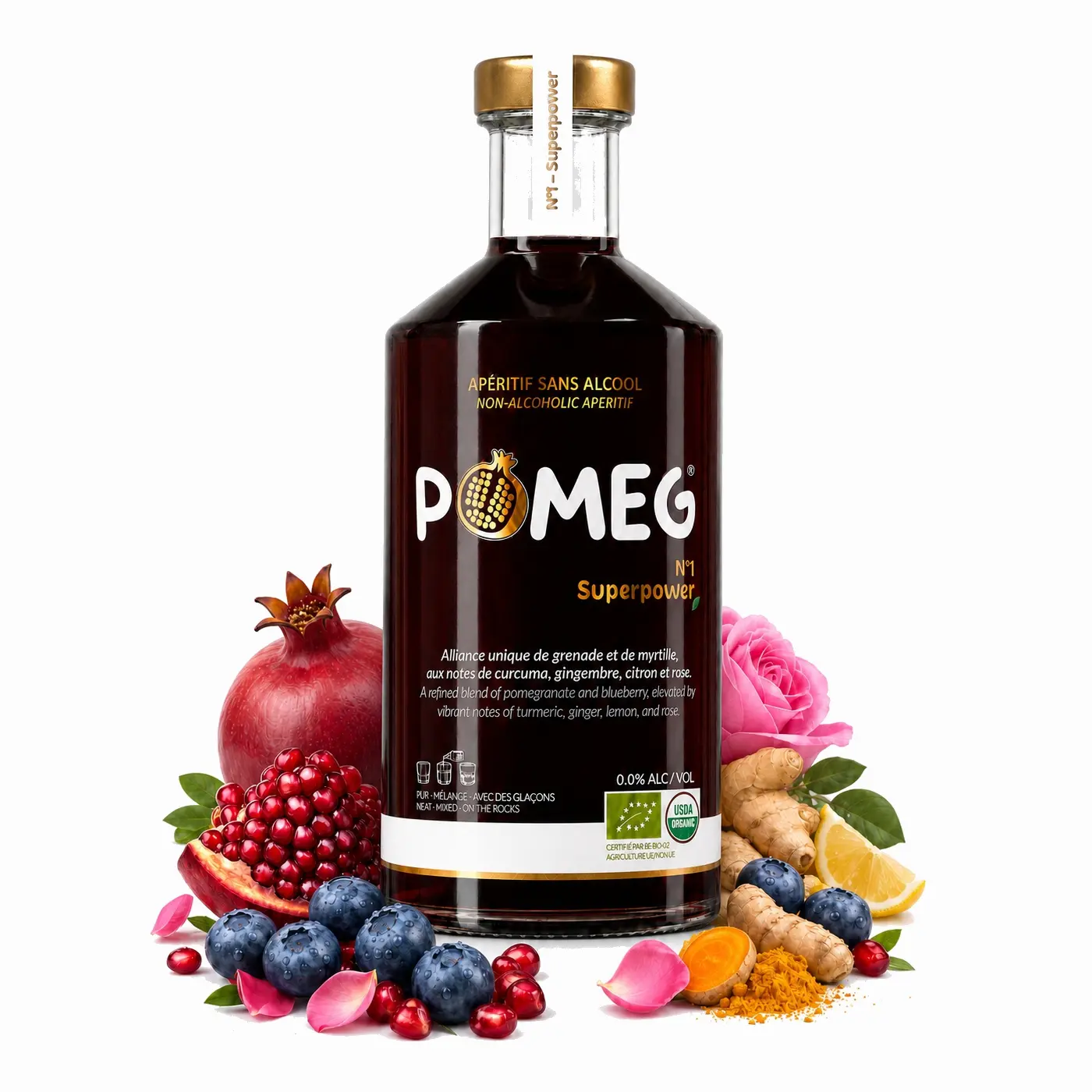 New product: POMEG - Superpower | 70cl | Organic non-alcoholic aperitif: pomegranate juice, blueberry, turmeric, ginger, lemon, rose.