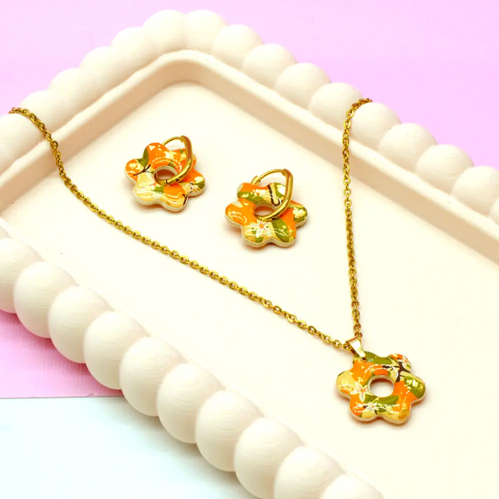 Orange and green floral jewelry set – pendant necklace and gold hoop earrings