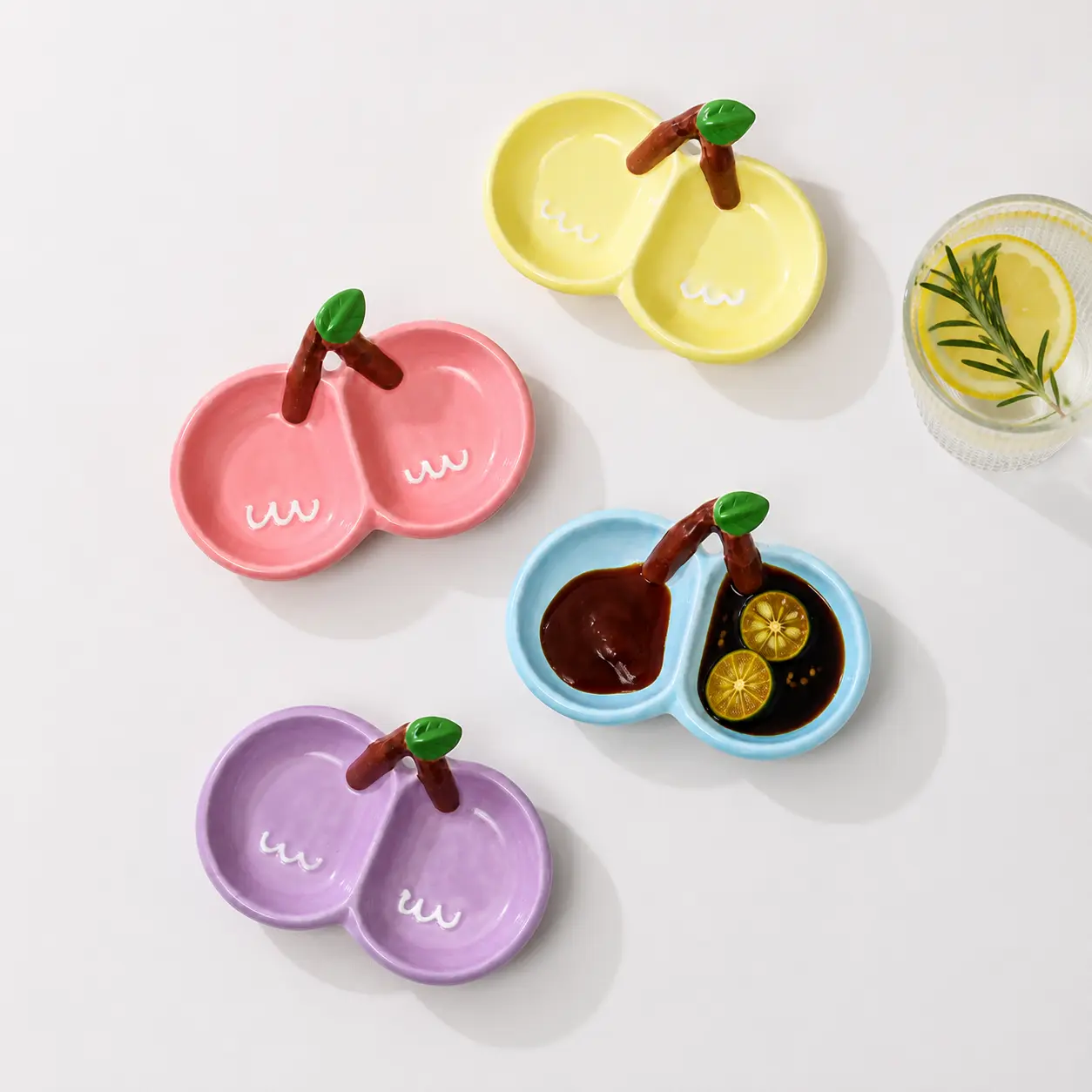 Cute Cherry Ceramic Sauce Dish | Double Dip Condiment Bowl