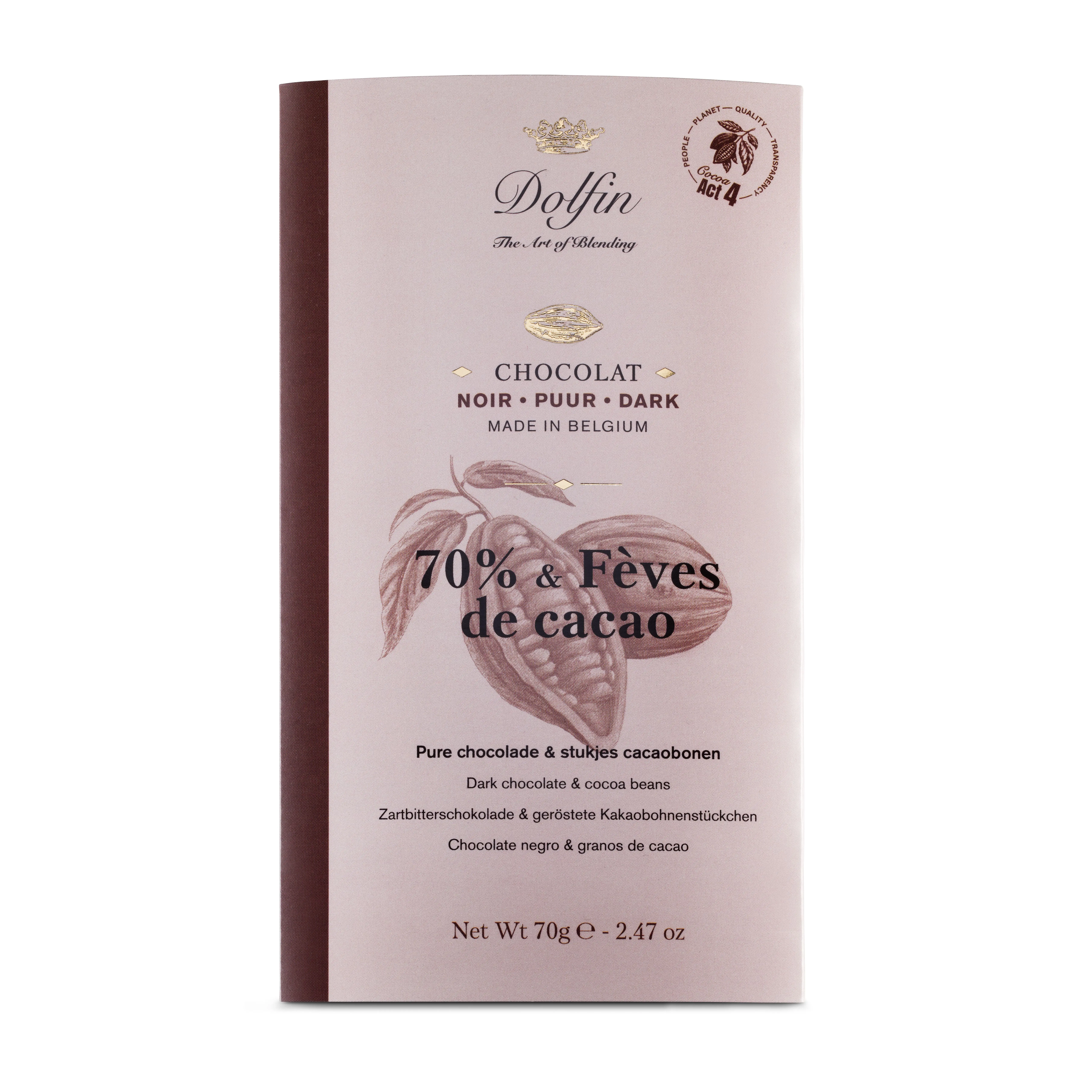 Tablette de Chocolat Noir 70% de cacao & fèves de cacao – 70 g