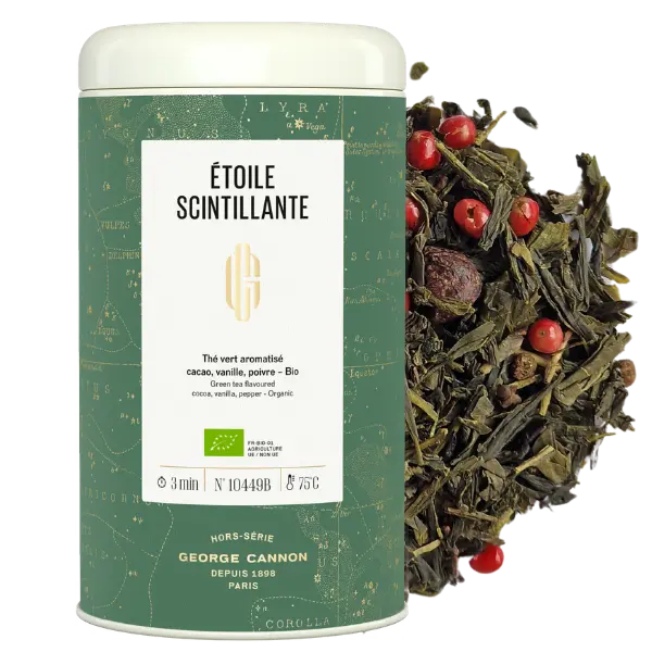ÉTOILE SCINTILLANTE Thé vert à la vanille aromatisé au cacao et au poivre Bio - Boîte 100 g