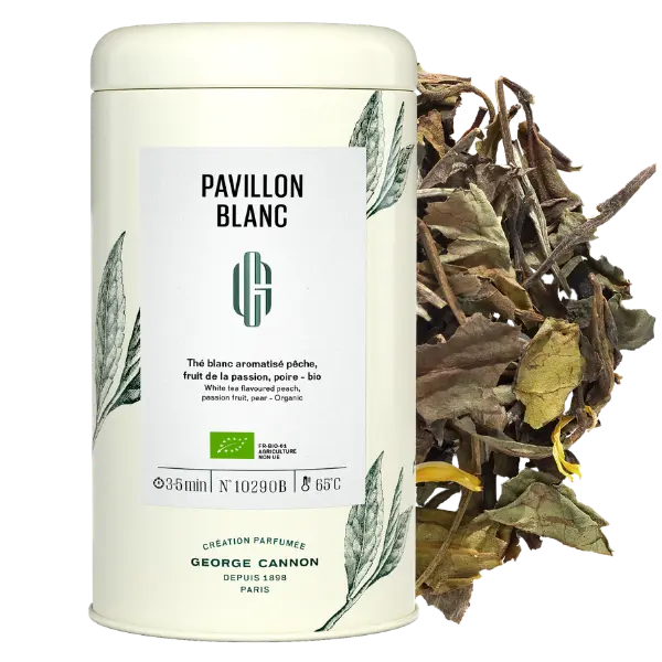 PAVILLON BLANC Thé blanc aromatisé à la pêche, au fruit de la passion et à la poire Bio