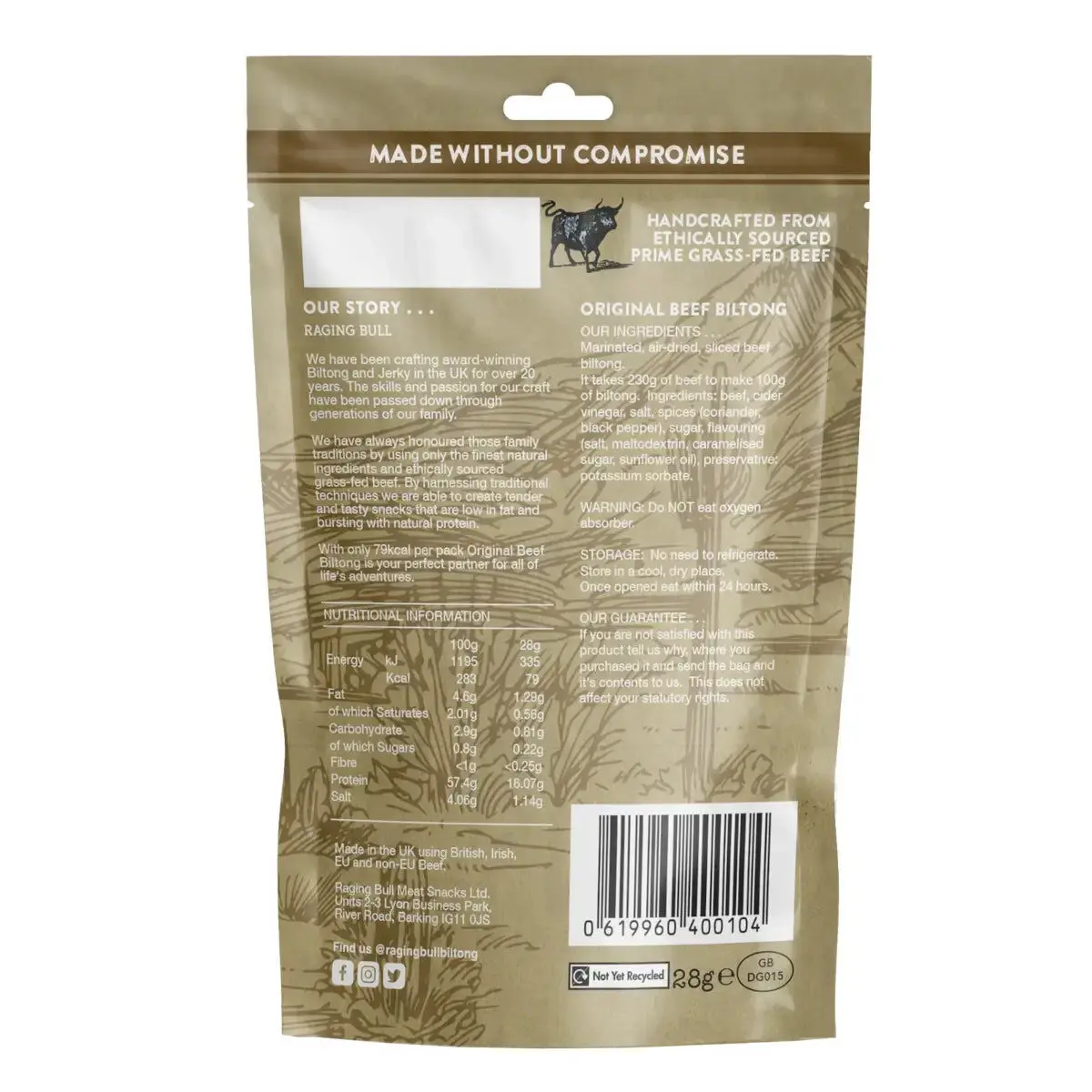 Biltong de bœuf original Raging Bull 28 g - Boîte de 10
