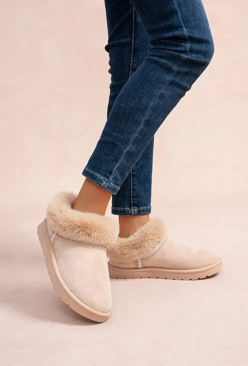 Suede Bootie Slippers with Fur and Embroidery (Ref: K1779)