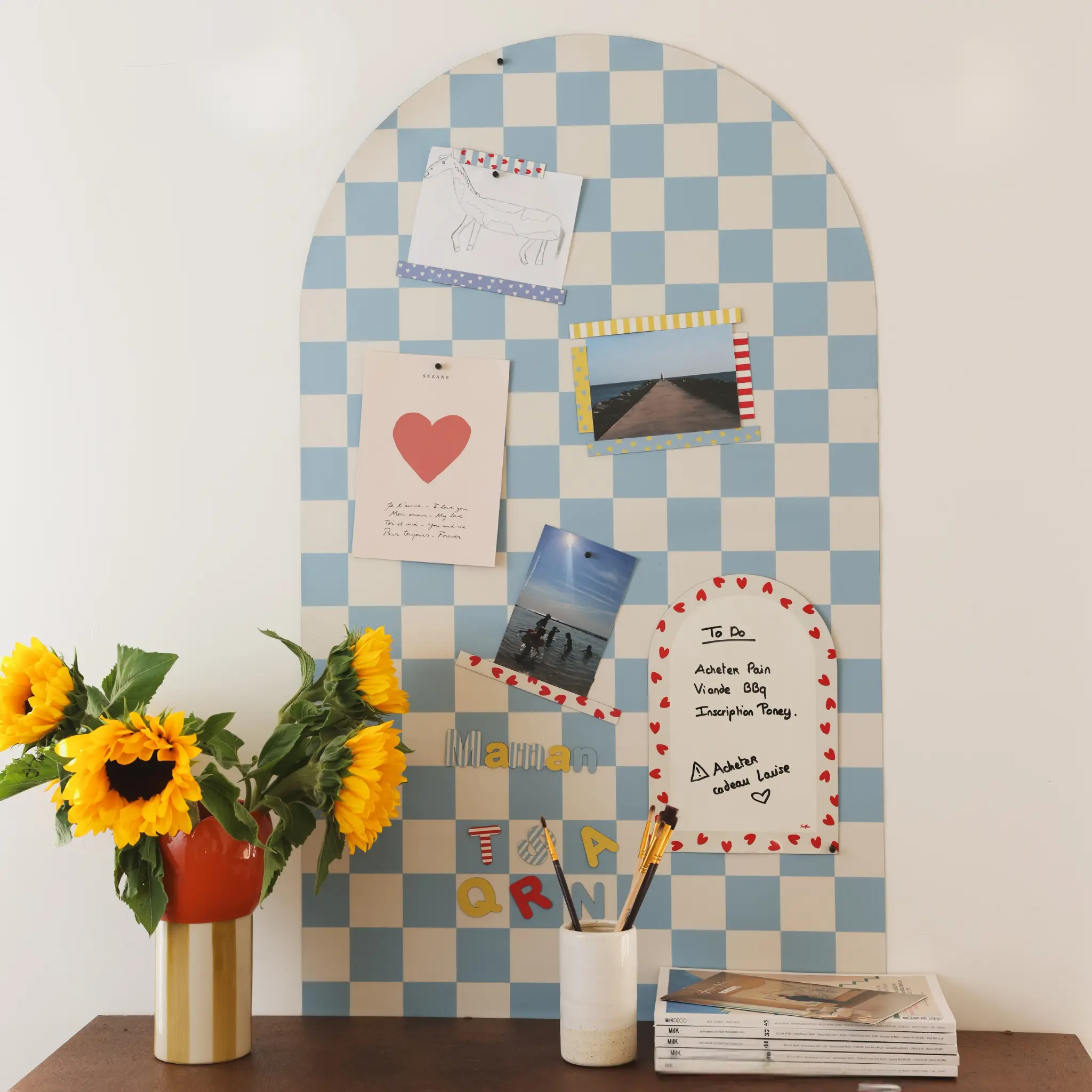 Magnetic Checkered Arch Board - Blue - 1m x 58cm - Magnetic wall decoration, no drilling required & modular