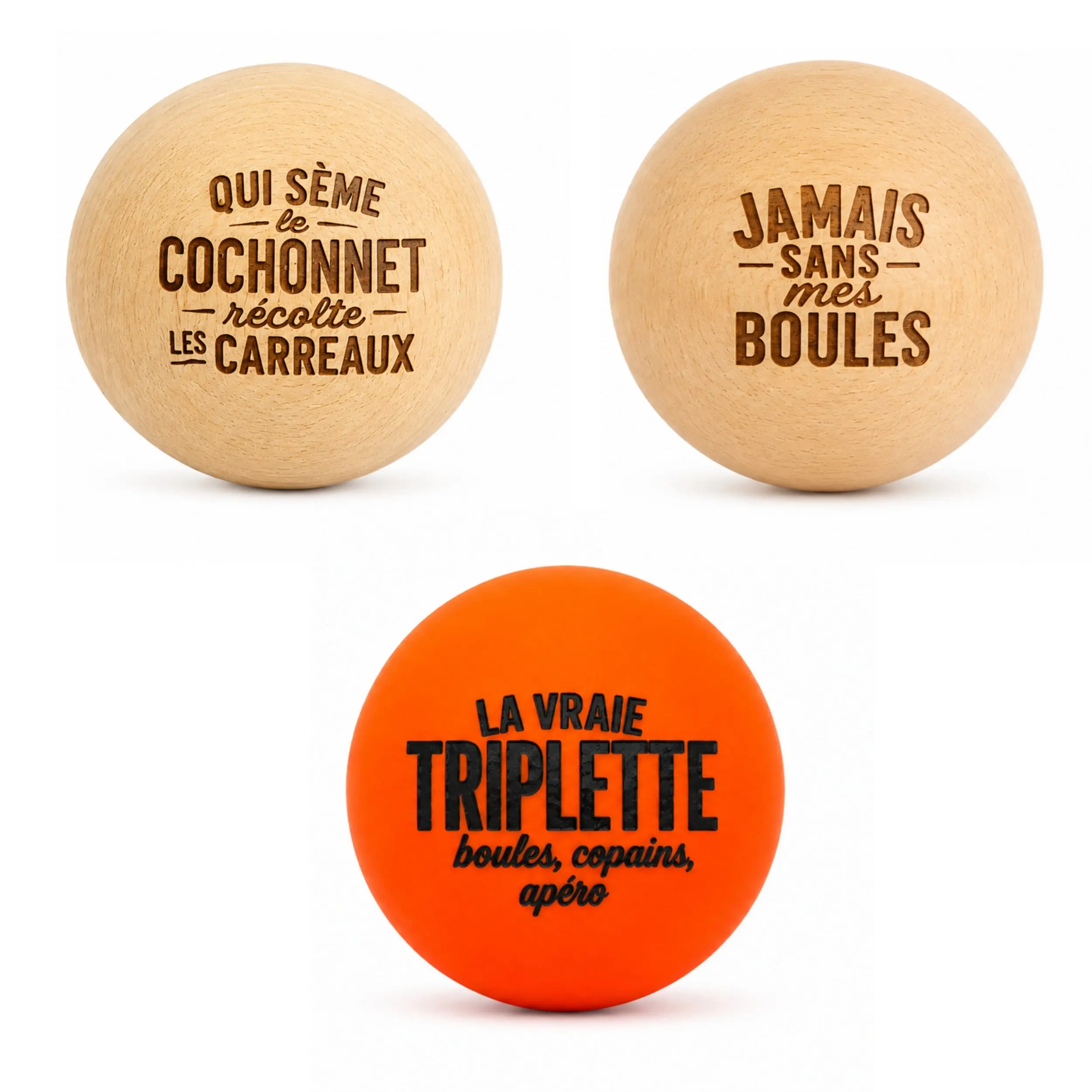 Lot de 3 cochonnets pétanque en bois de buis français (dont un fluo) – Humour – cadeau amateur de petanque – cadeau de Noël – cadeau d'anniversaire