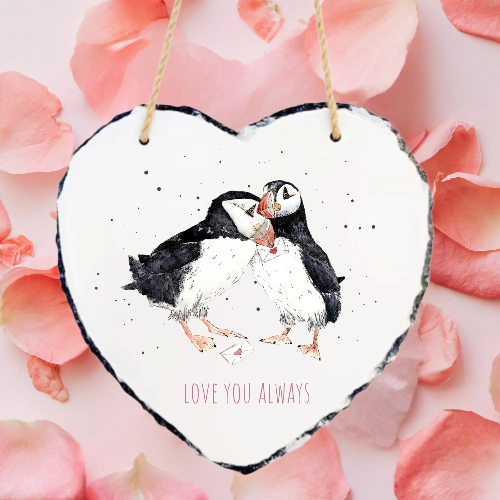 Puffins Love Letter Rock Hanging Slate