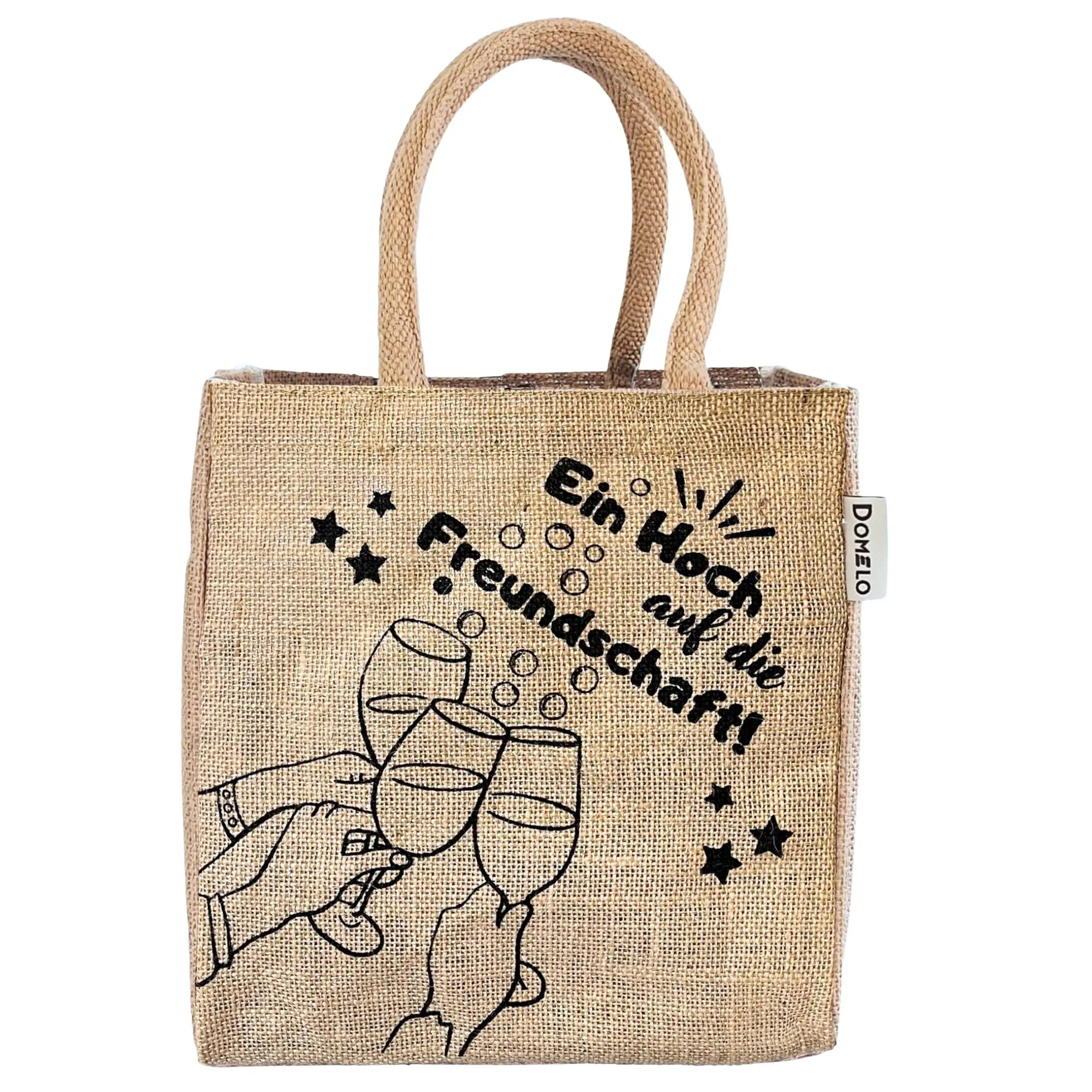 Domelo kleine Jute Einkaufstasche, Flaschenträger mit 6 Fächer. 100% Vegane Prosecco Flaschentasche