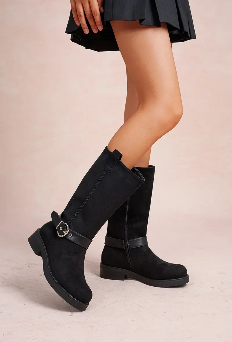 High flat suede boots with ankle strap and braided details (Ref: HQ502)