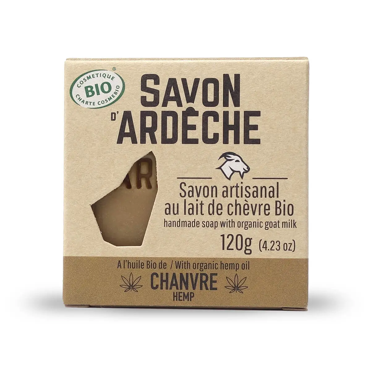 Zertifizierte Bio-Ziegenmilchseife – Milde, überfettete Seife (7 %) – 100 % natürliche, handgemachte Seife – Hergestellt in der Ardèche – Für Gesicht und Körper – 120 g (Hanf)