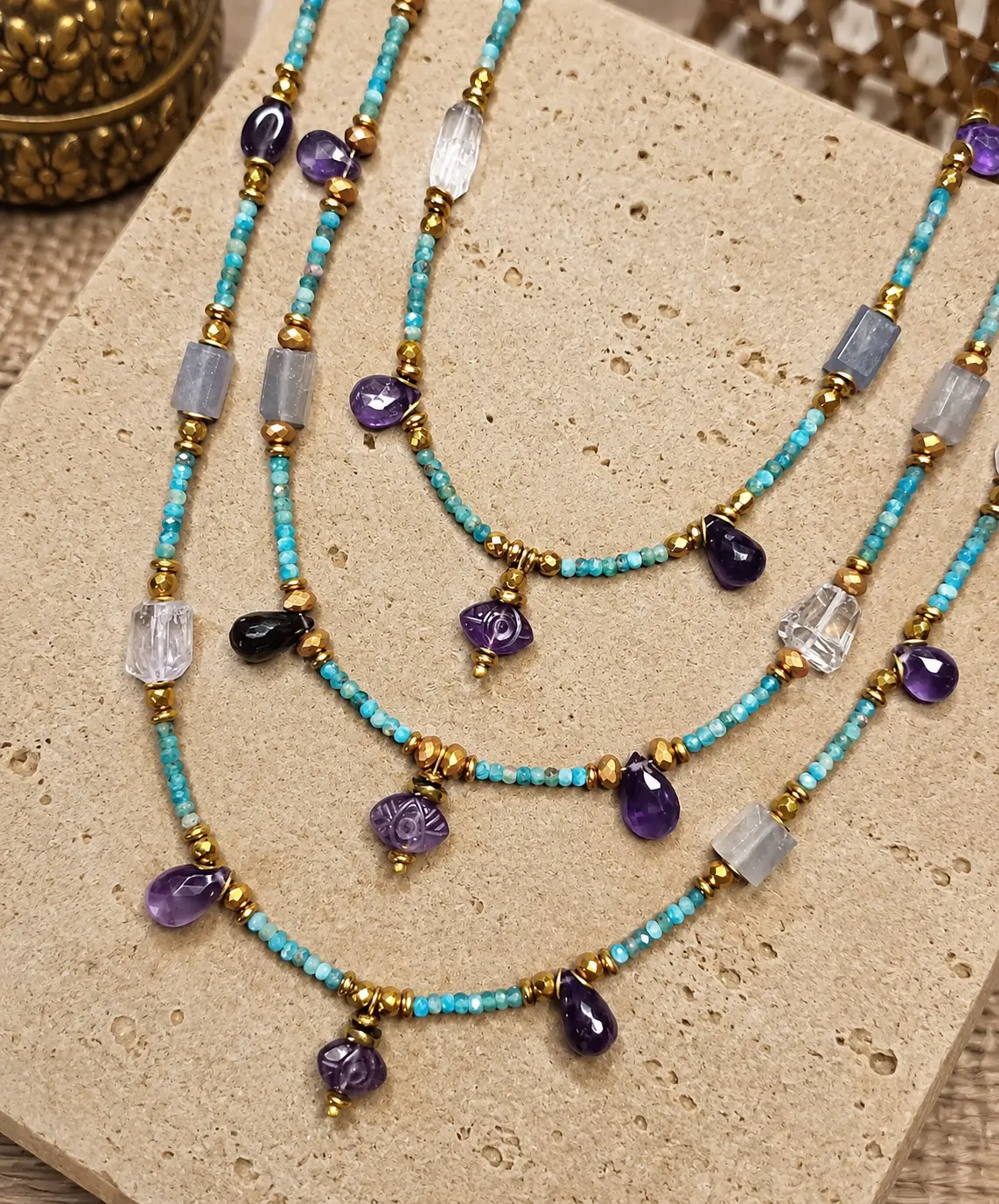 Colliers artisanaux avec pierres naturelles - Set de 3
