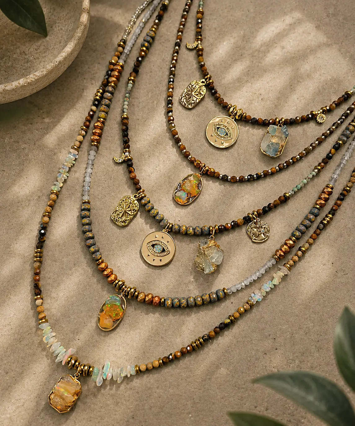Set of 5 handcrafted necklaces with natural stones