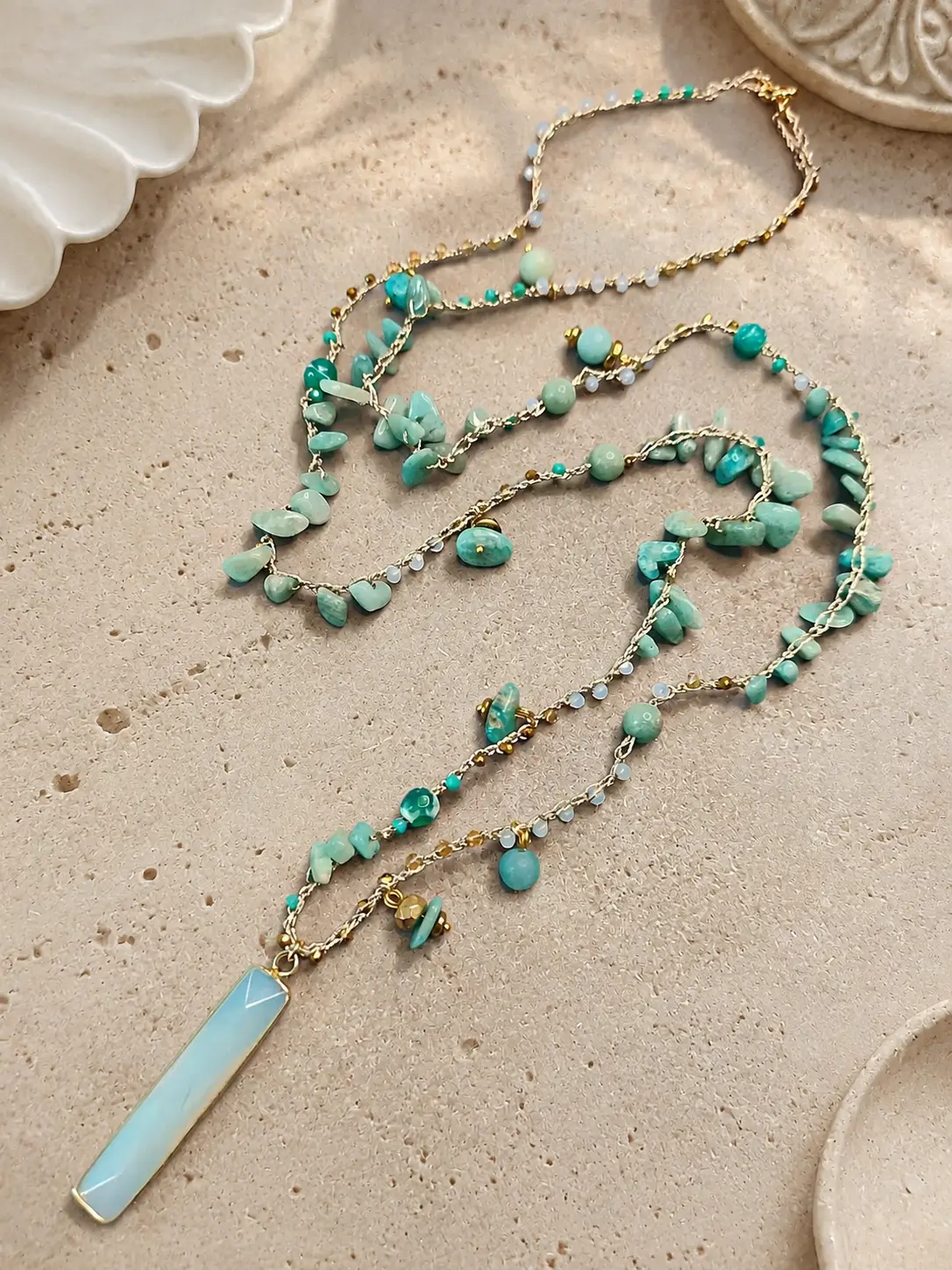 Collier long crocheté à la main – Amazonite