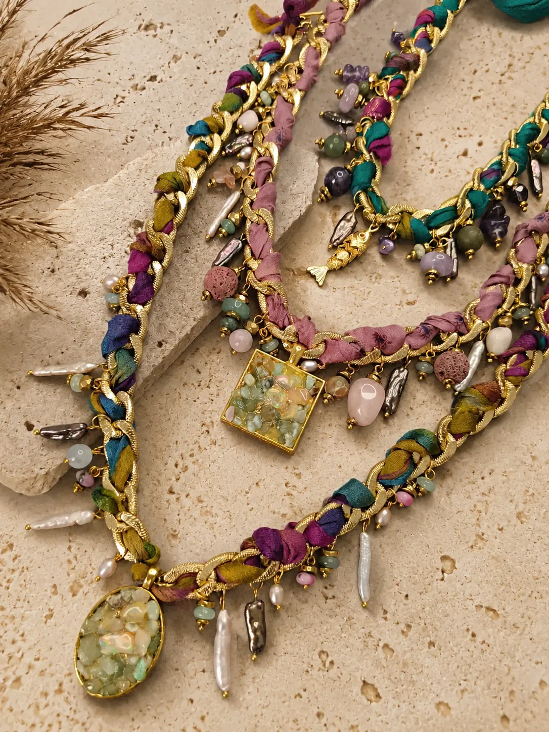 Set de 3 colliers artisanaux – Collection Mosaïque Opale