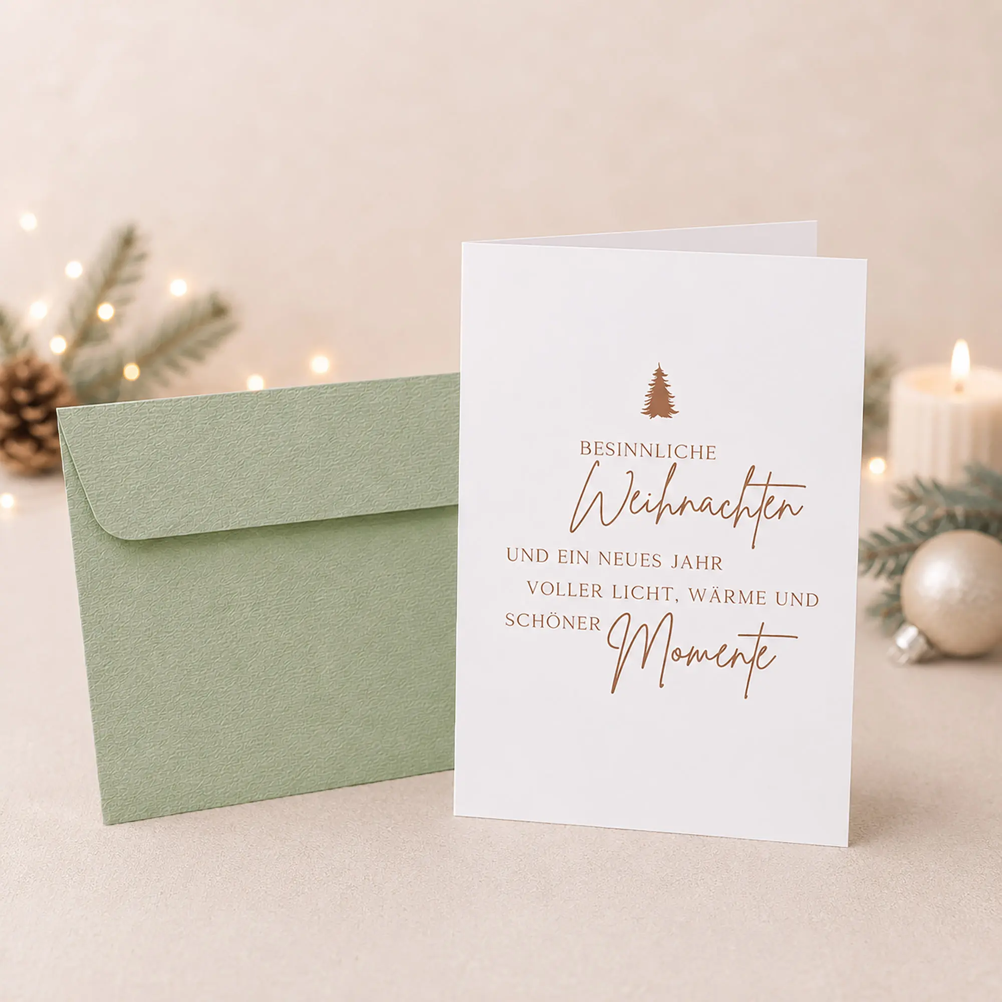Edle Weihnachtskarte mit Spruch „Besinnliche Weihnachten“ mit Kupferdruck