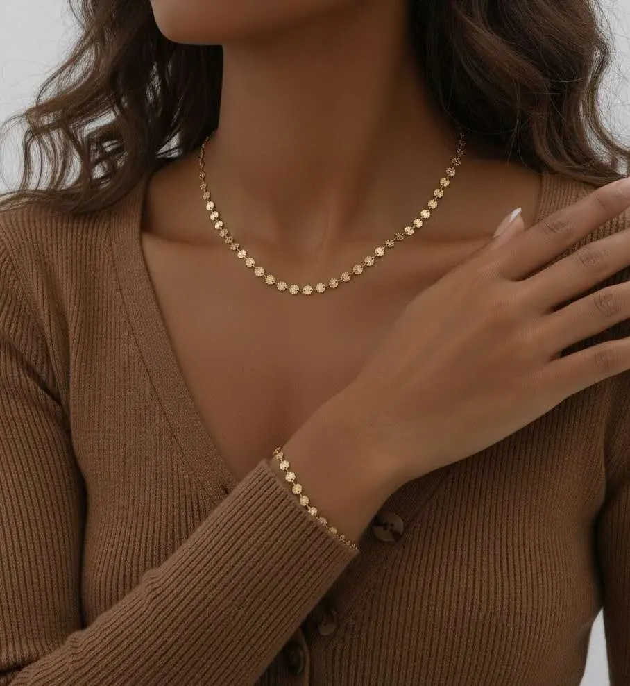 Adjustable choker set with disc beads and 18K gold PVD waterproof stainless steel bracelet