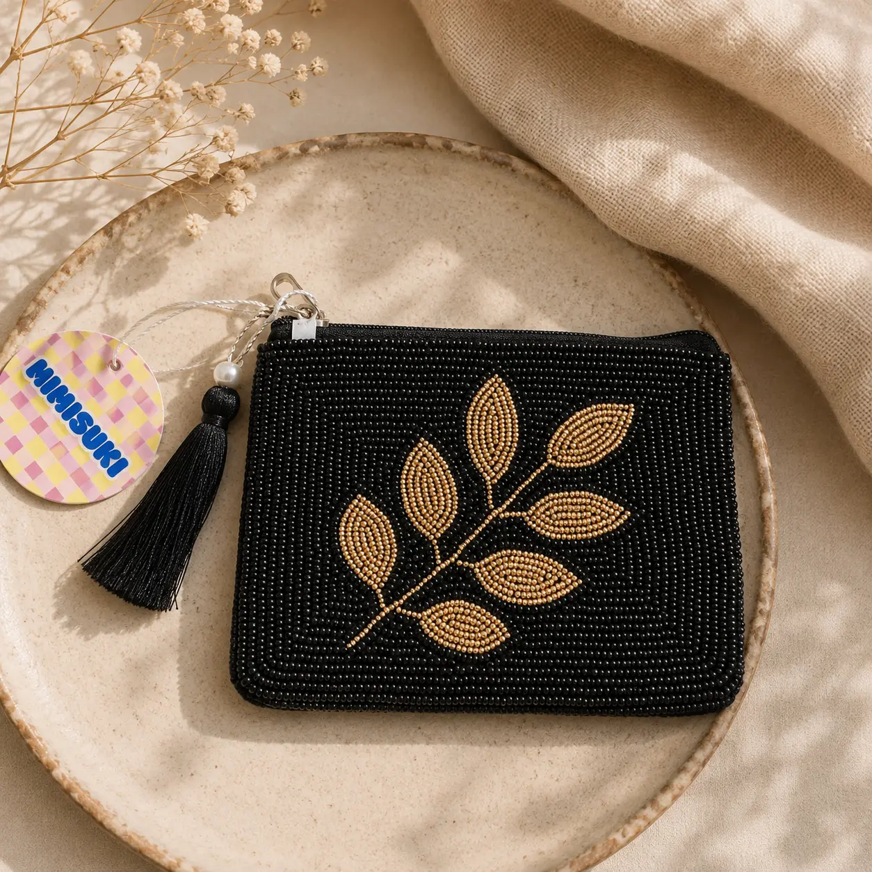 Porte-monnaie Feuille d'Or - Pochette perles
